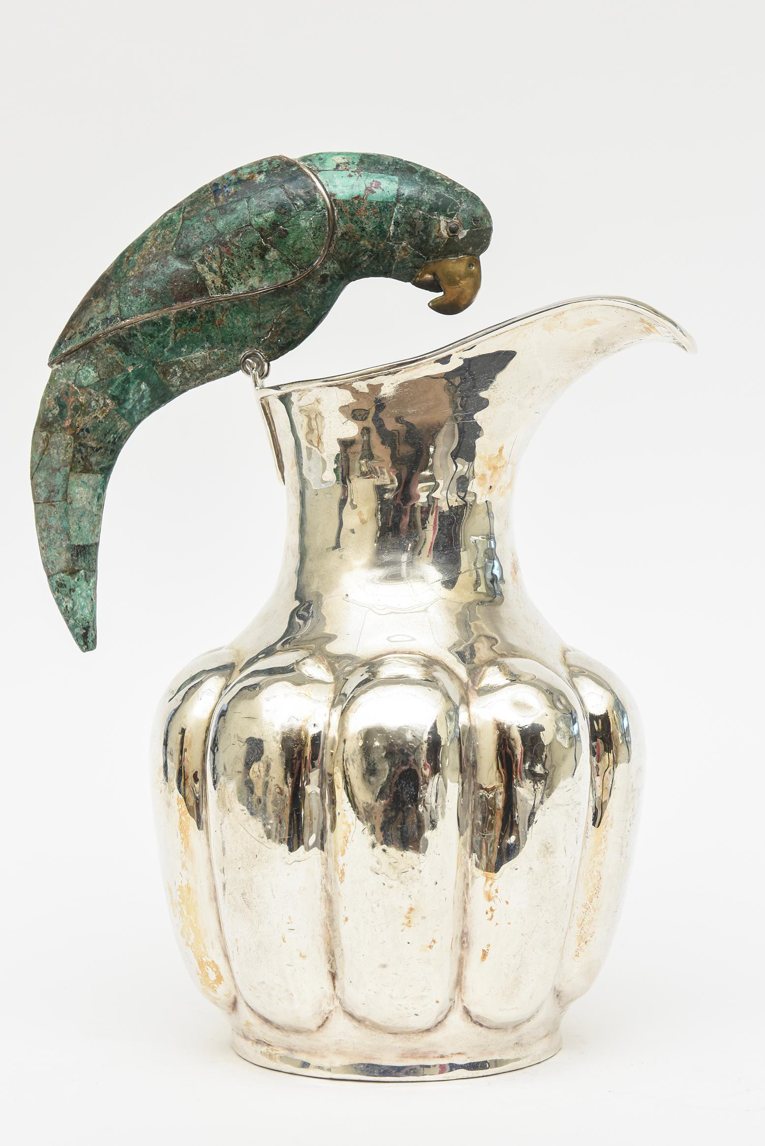 Vintage Los Castillo Silver-Plate Pitcher with Crushed Turquoise Stone Parrot  In Good Condition For Sale In North Miami, FL