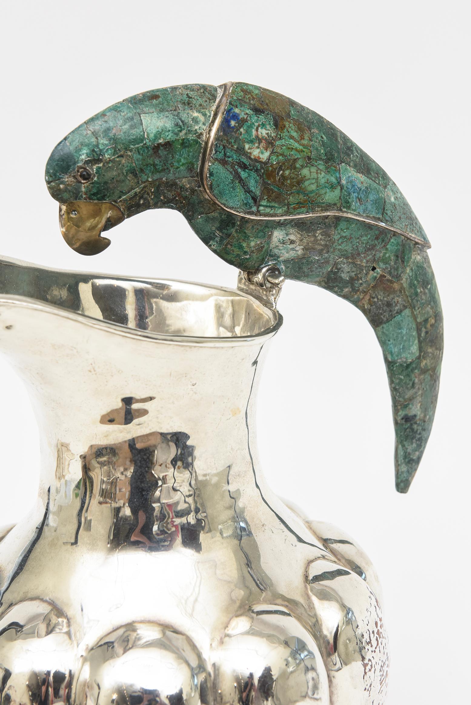 Mid-20th Century Vintage Los Castillo Silver-Plate Pitcher with Crushed Turquoise Stone Parrot  For Sale