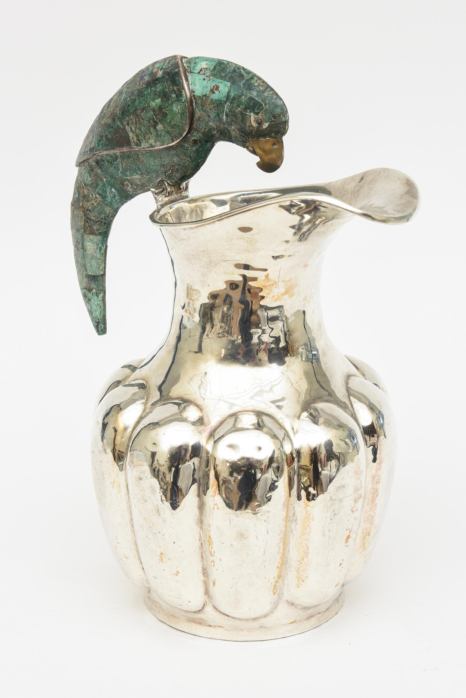 Silver Plate Vintage Los Castillo Silver-Plate Pitcher with Crushed Turquoise Stone Parrot  For Sale