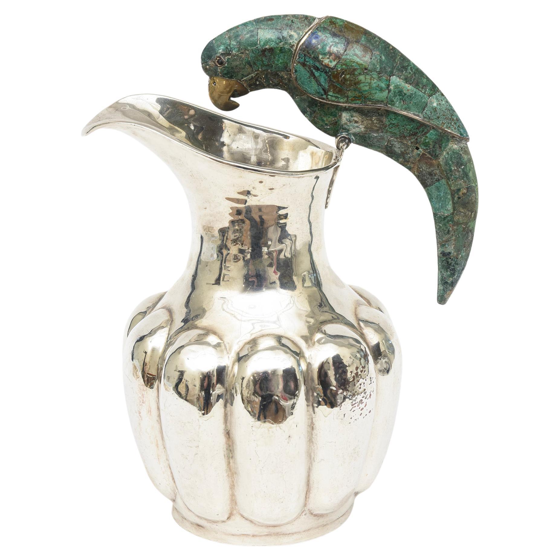 Vintage Los Castillo Silver-Plate Pitcher with Crushed Turquoise Stone Parrot  For Sale