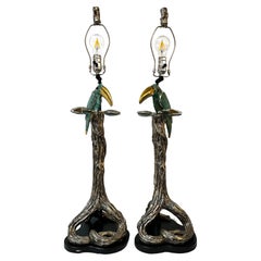 Vintage Los Castillo Style Birds Mounted on Contemporary Tree Forms Table Lamps