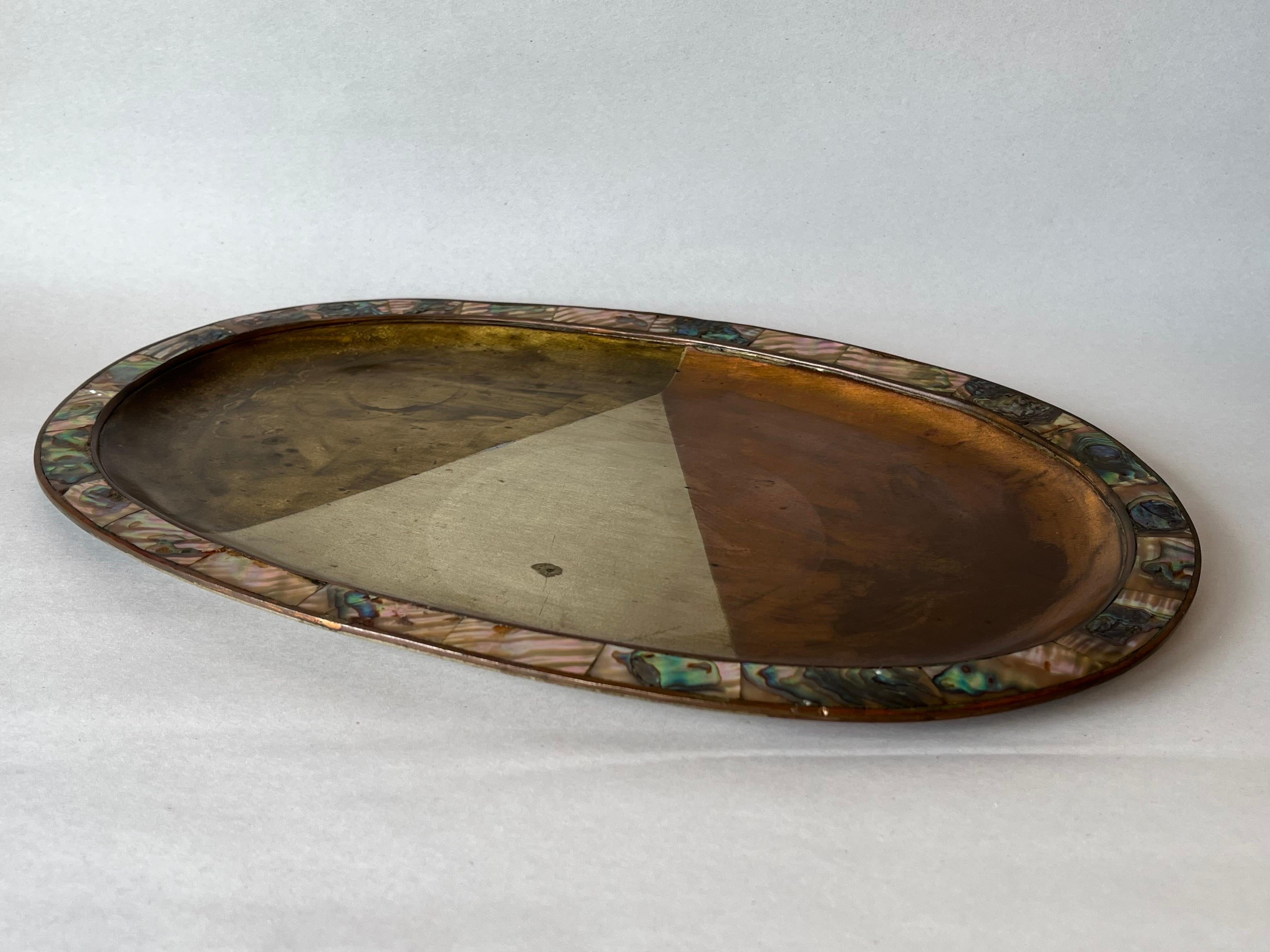 Vintage Los Castillo Style Mexican Taxco Mixed Metal and Shell Oval Shaped Tray 6