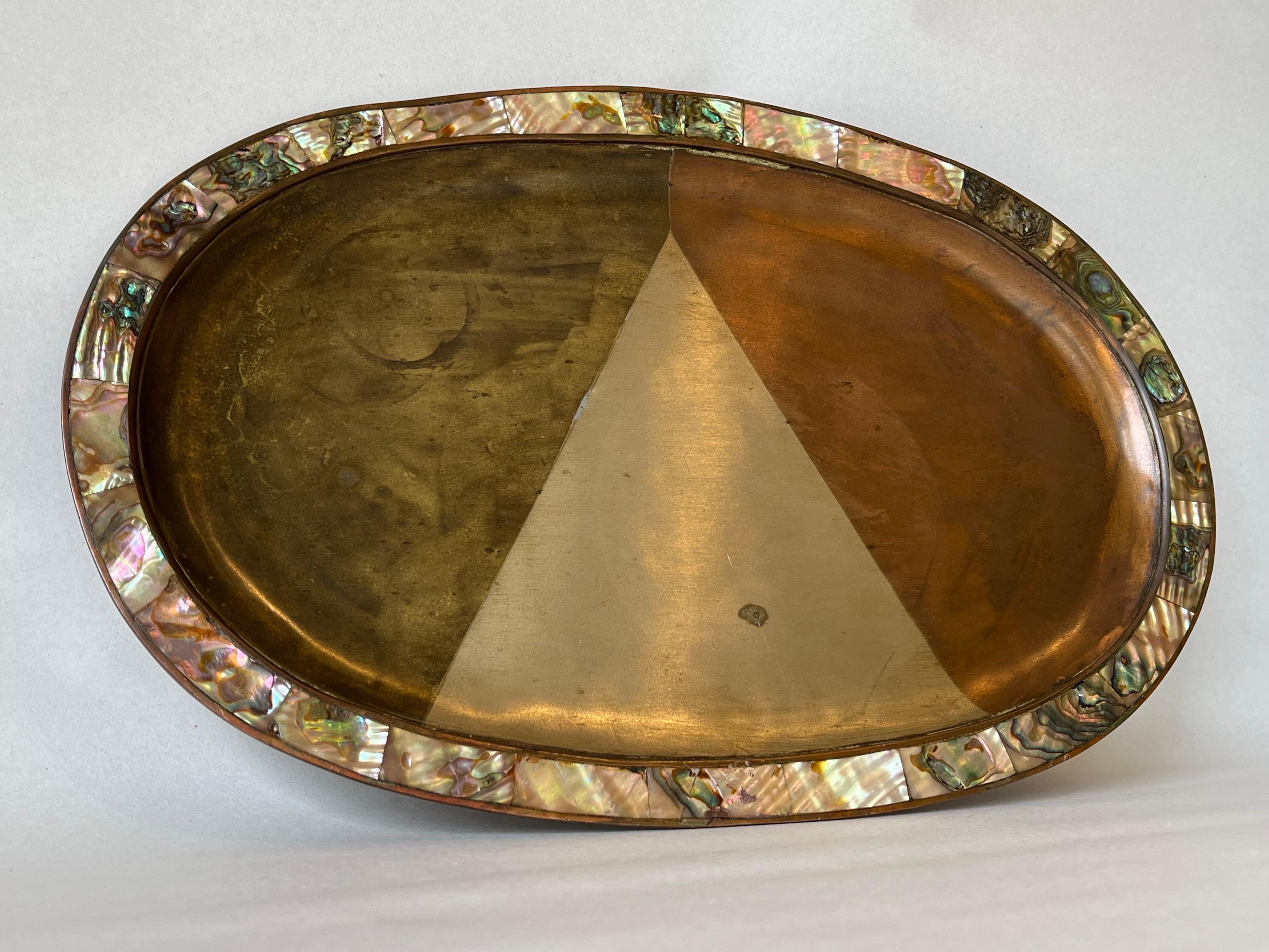 Mid-Century Modern Vintage Los Castillo Style Mexican Taxco Mixed Metal and Shell Oval Shaped Tray