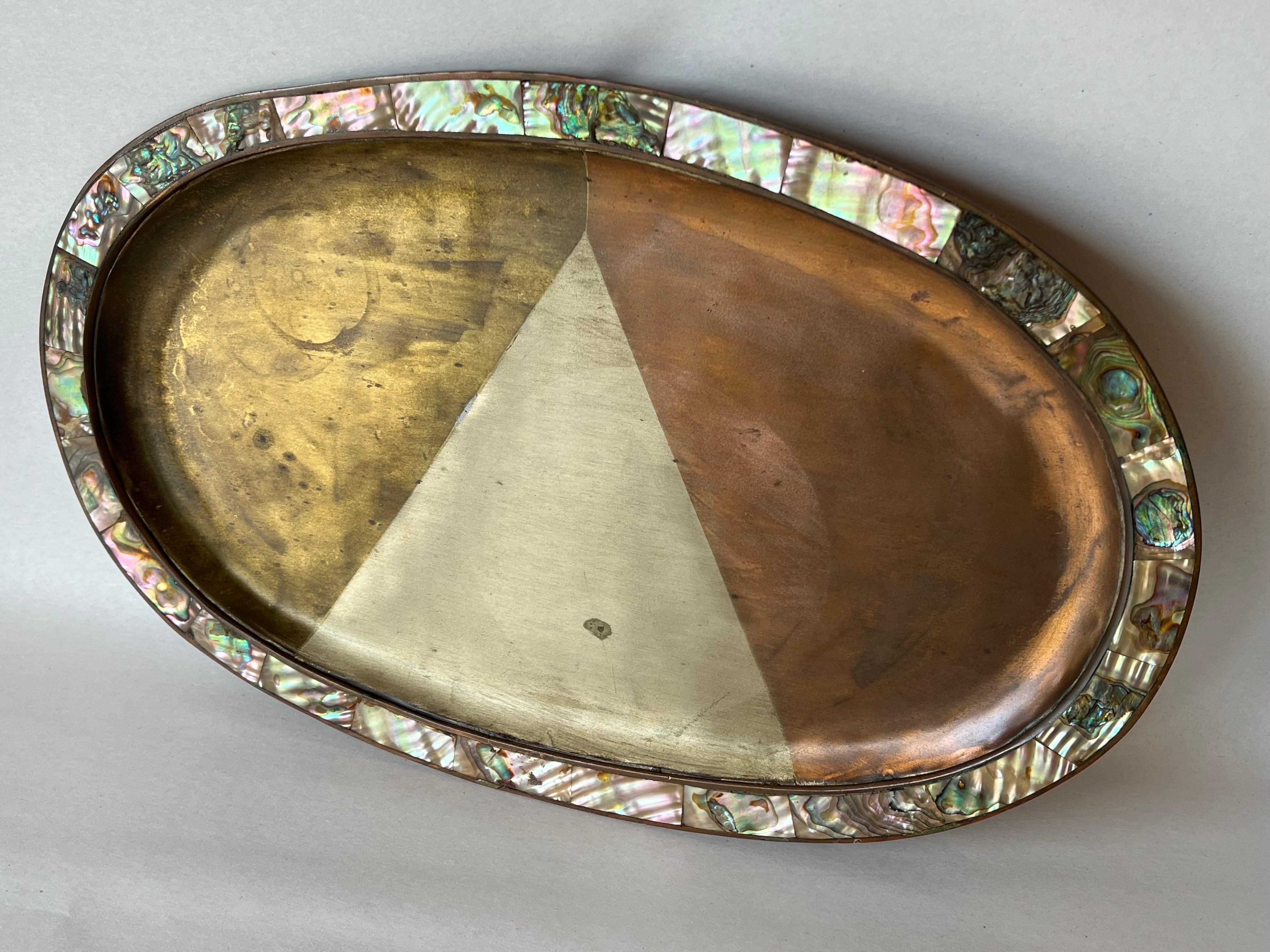 Vintage Los Castillo Style Mexican Taxco Mixed Metal and Shell Oval Shaped Tray In Good Condition In Atlanta, GA
