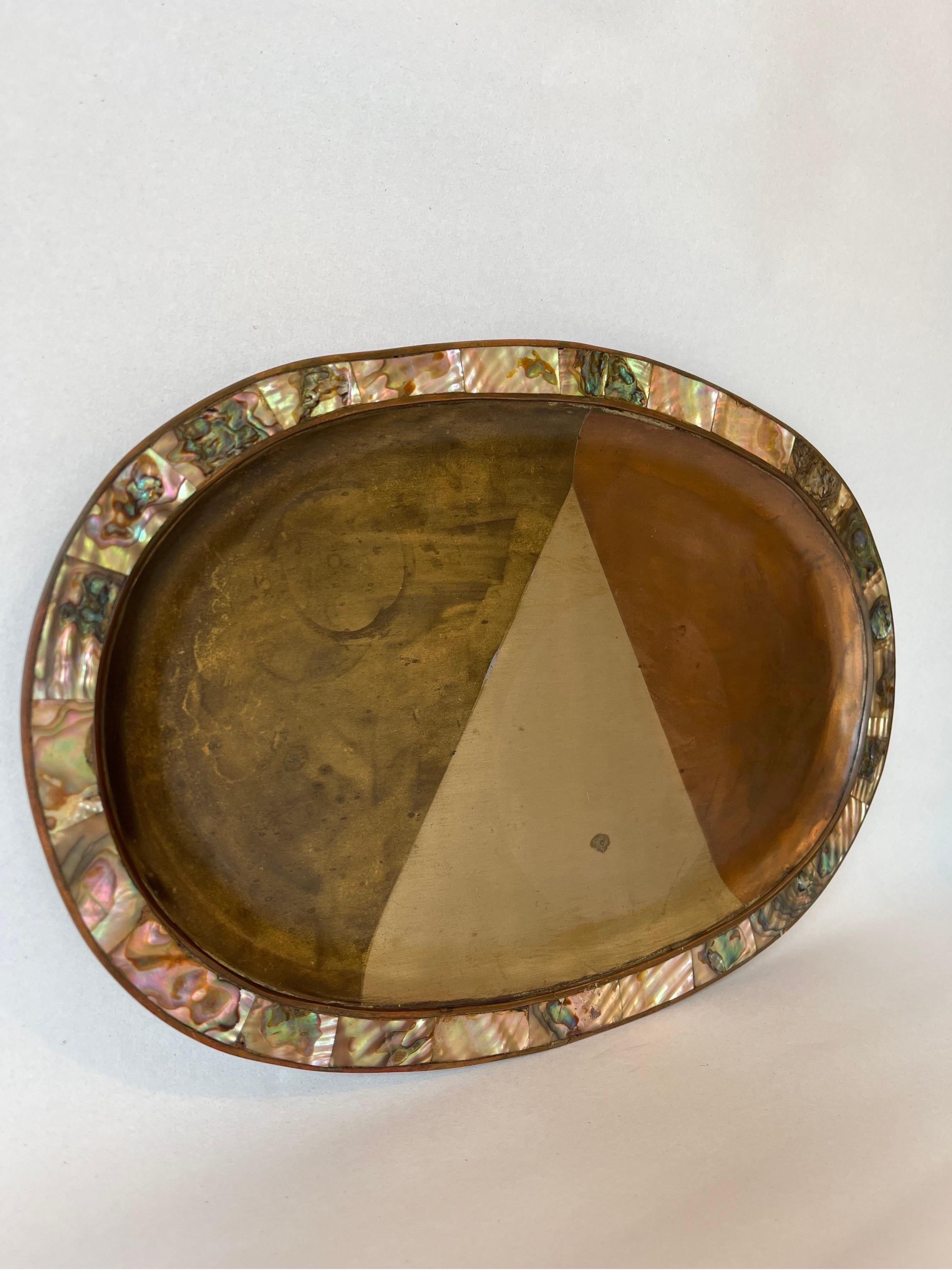 20th Century Vintage Los Castillo Style Mexican Taxco Mixed Metal and Shell Oval Shaped Tray