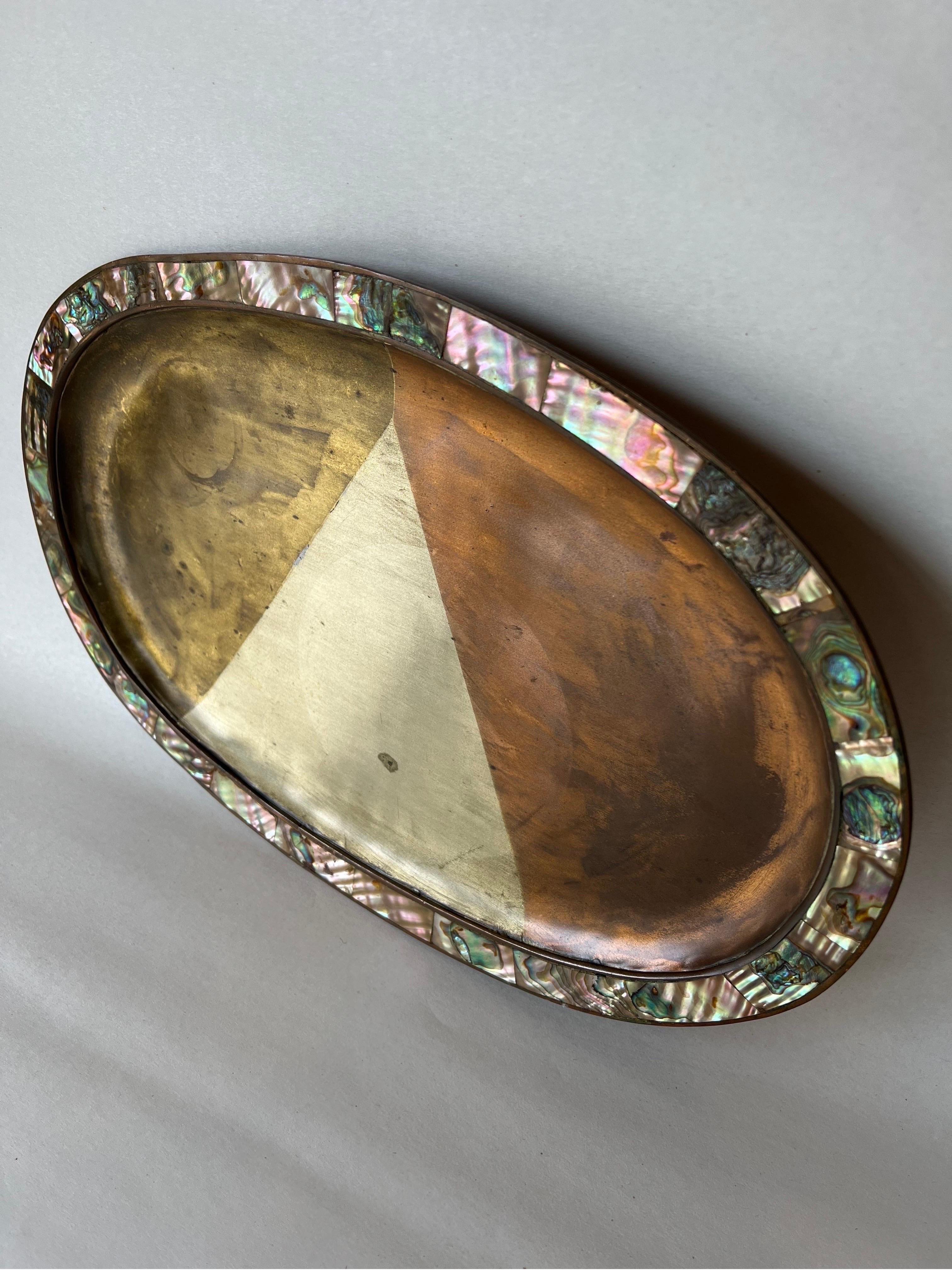 Vintage Los Castillo Style Mexican Taxco Mixed Metal and Shell Oval Shaped Tray 1