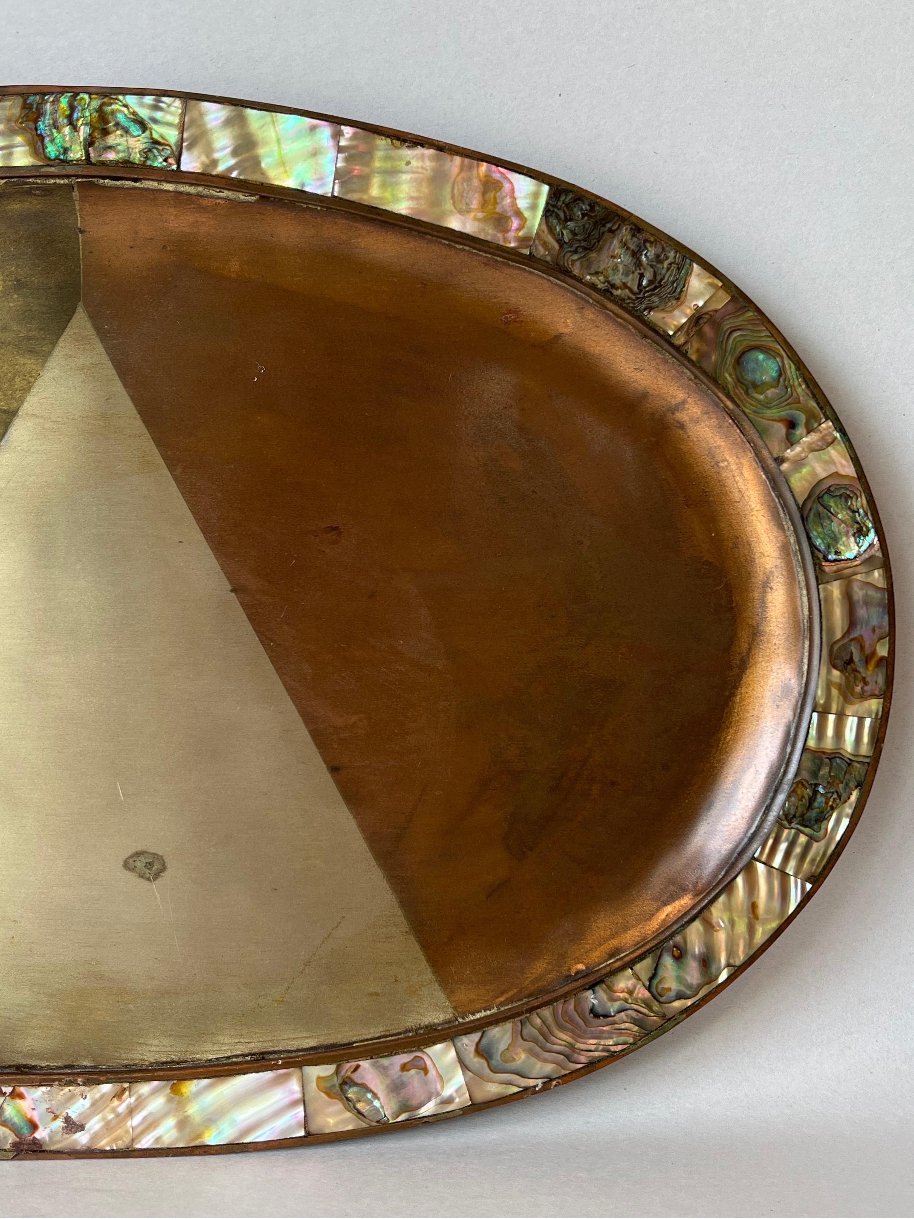 Vintage Los Castillo Style Mexican Taxco Mixed Metal and Shell Oval Shaped Tray 4