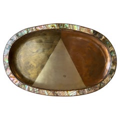 Retro Los Castillo Style Mexican Taxco Mixed Metal and Shell Oval Shaped Tray