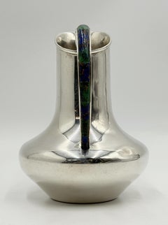 Pichet à eau vintage « Los Castillo » de Taxco, en métal argenté, avec malachite et lapis-lazuli