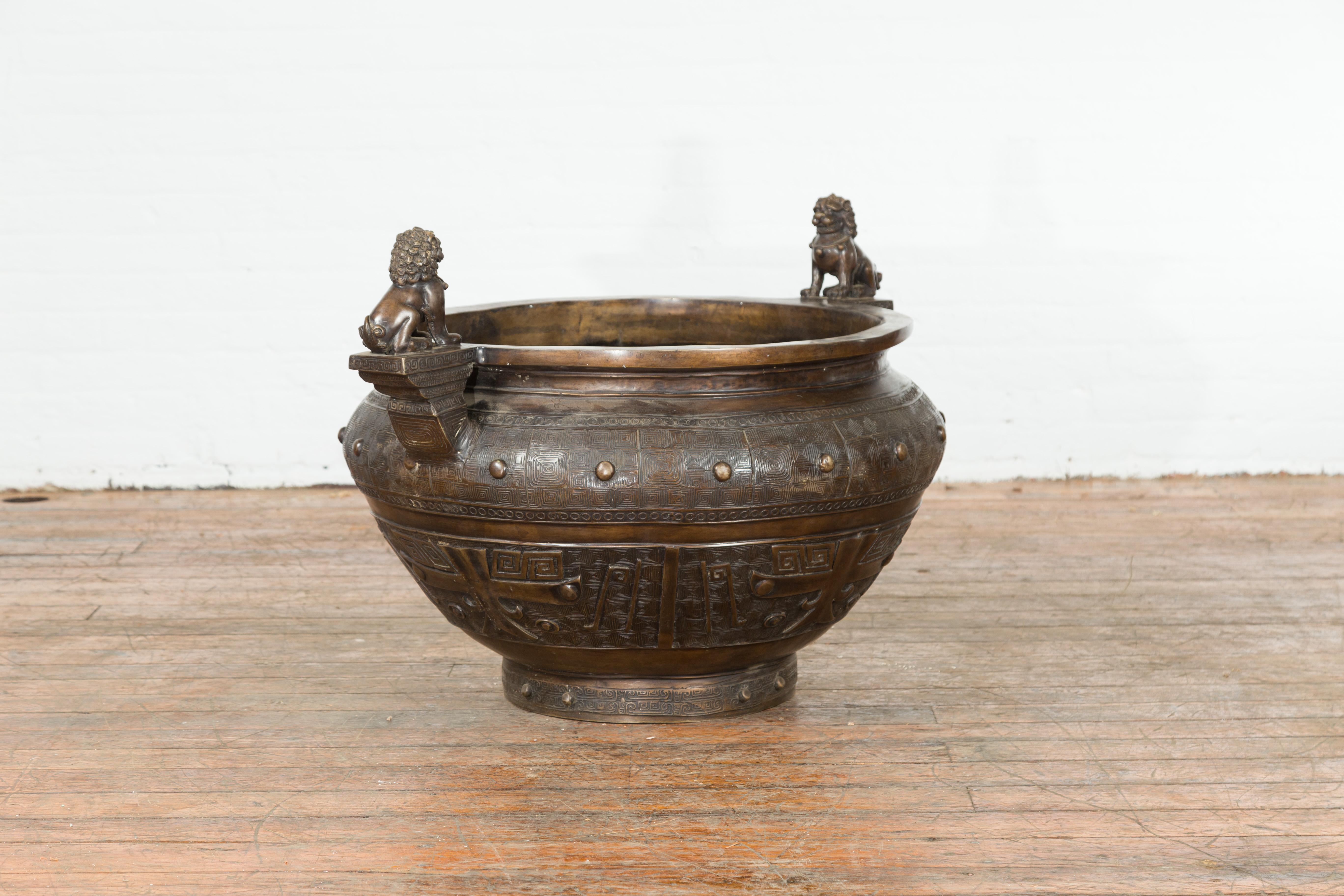 Vintage Lost Wax Bronze Planter with Foo Dog Guardian Lions and Meander Motifs For Sale 6