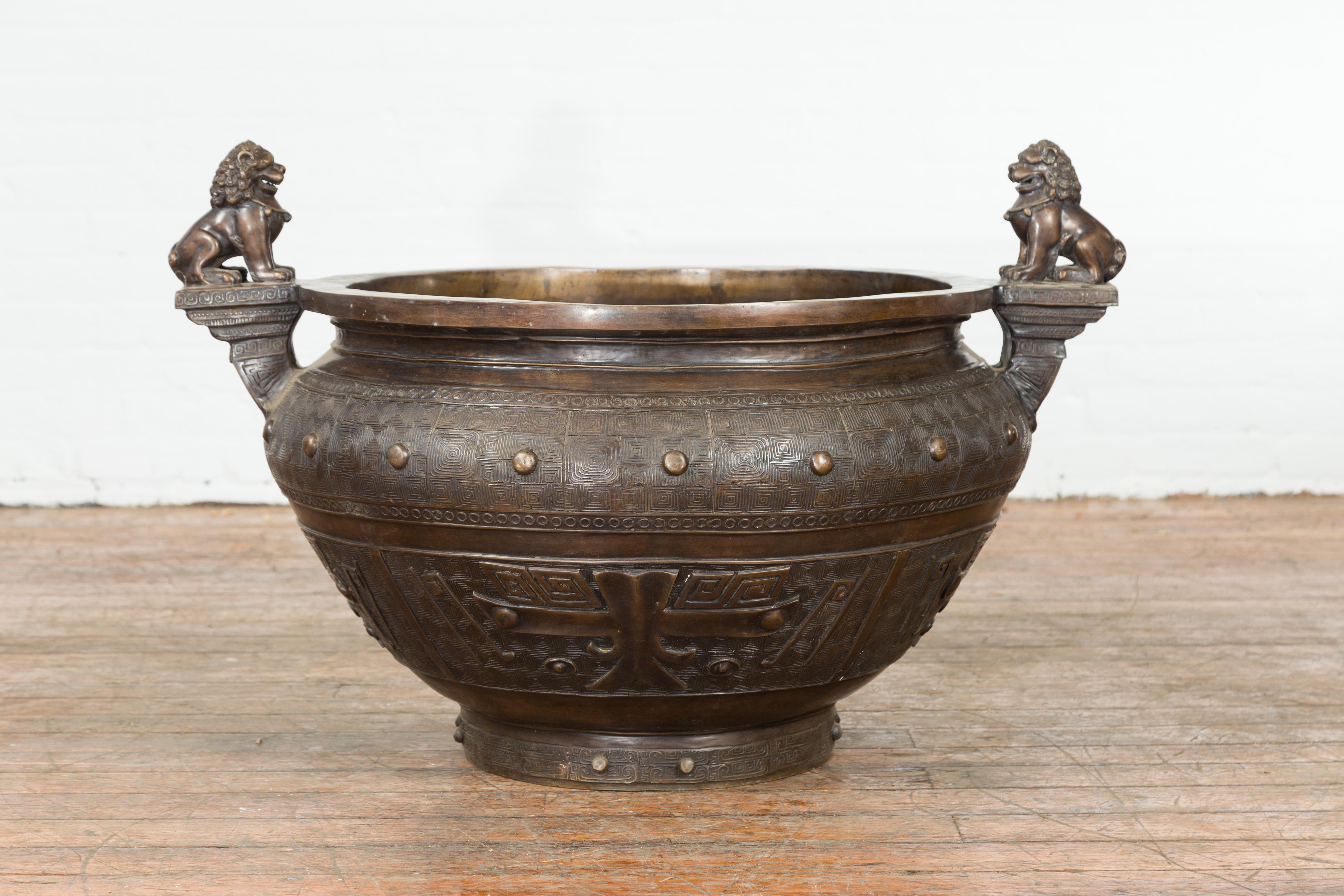 Cast Vintage Lost Wax Bronze Planter with Foo Dog Guardian Lions and Meander Motifs For Sale