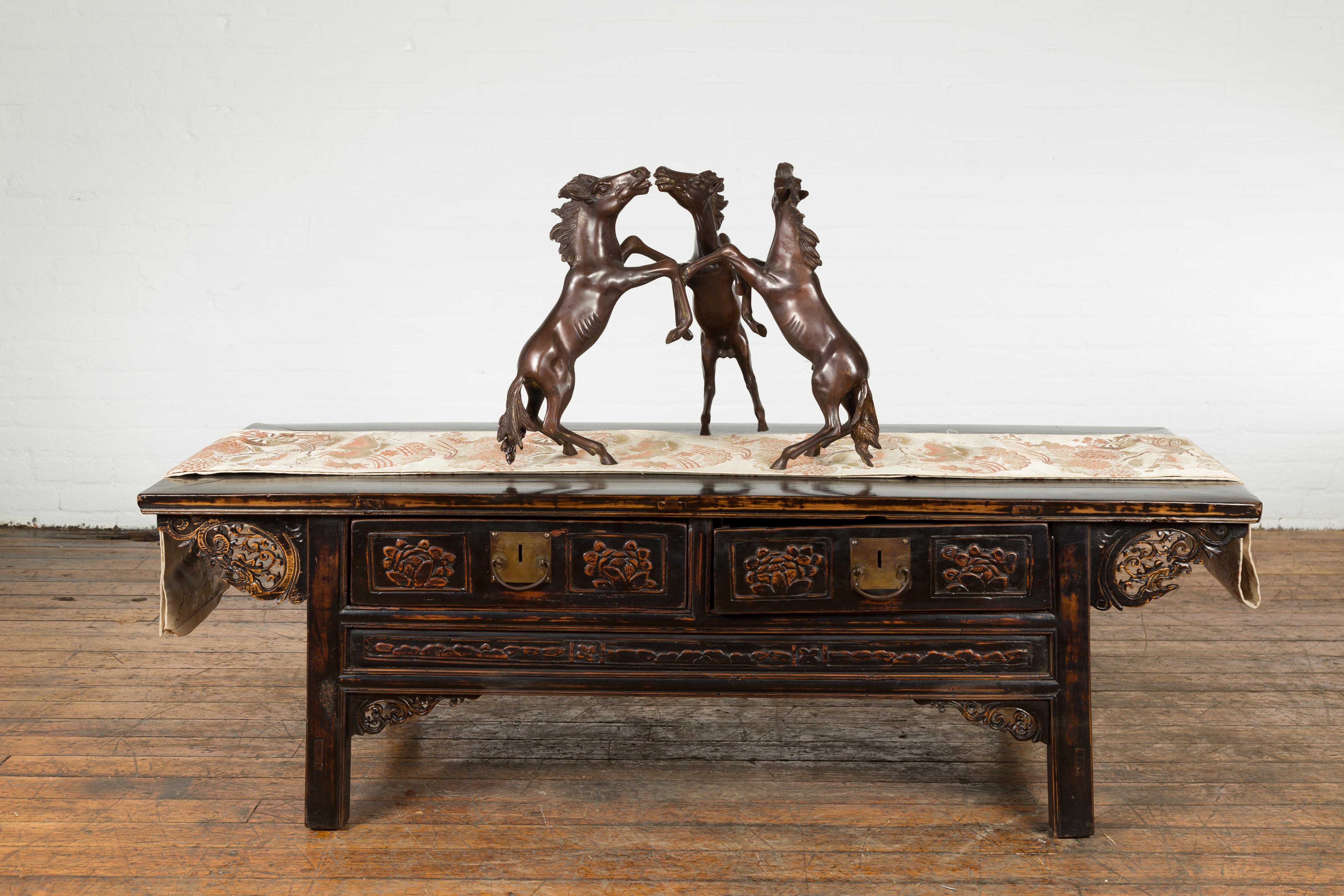 Vintage Lost Wax Cast Bronze Coffee Table Base with Triple Rearing Horses In Good Condition For Sale In Yonkers, NY