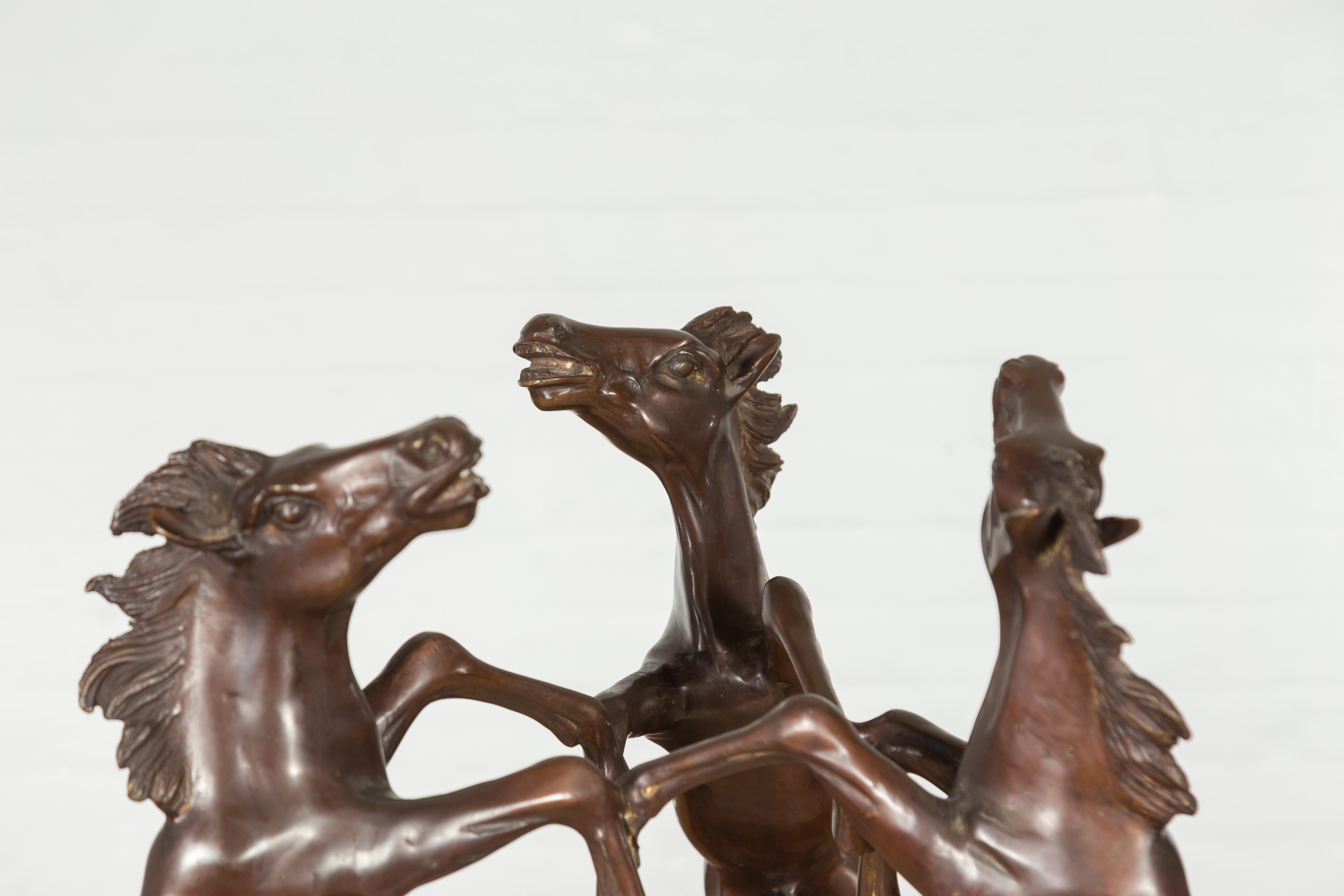 Vintage Lost Wax Cast Bronze Coffee Table Base with Triple Rearing Horses For Sale 1
