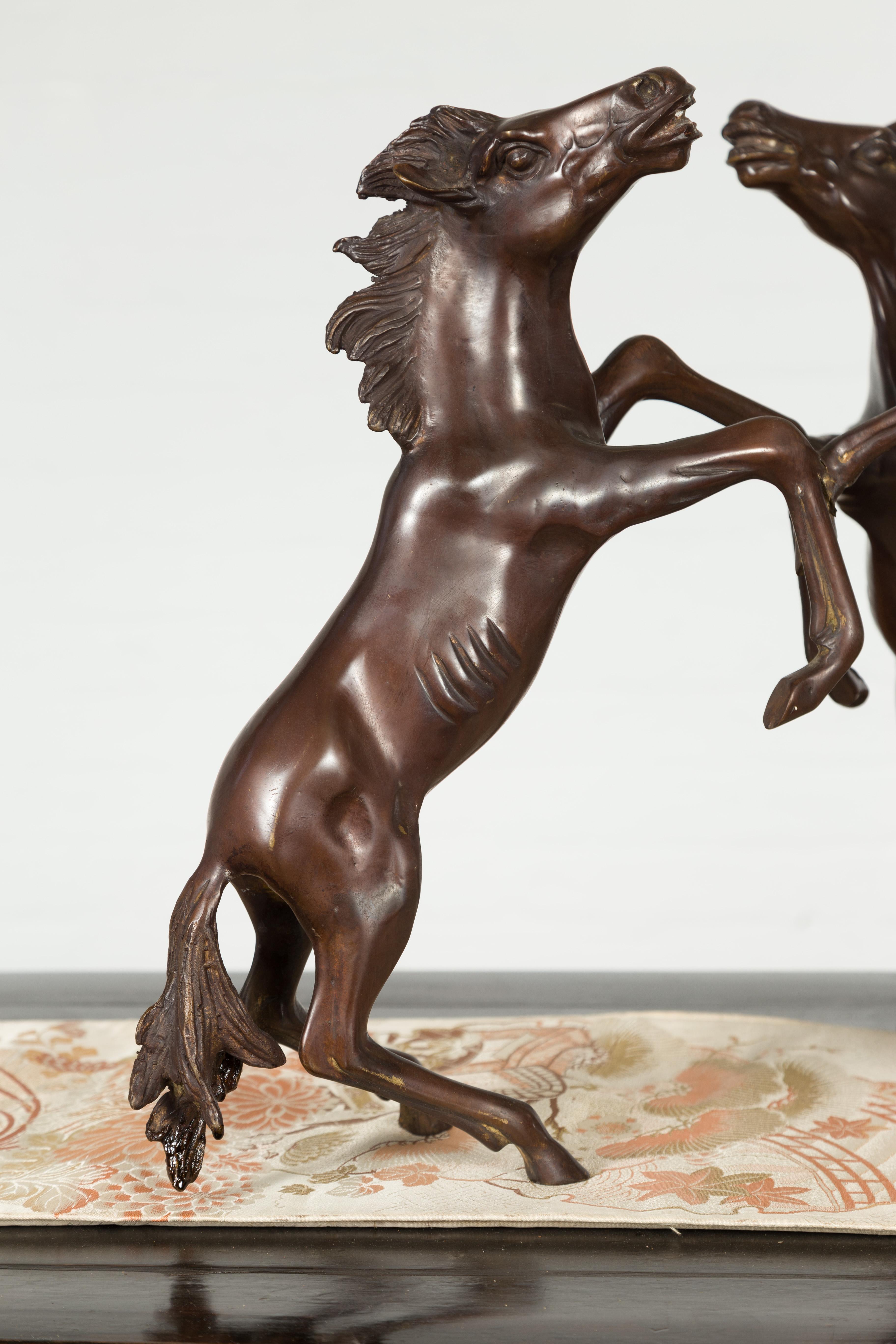 Vintage Lost Wax Cast Bronze Coffee Table Base with Triple Rearing Horses For Sale 1