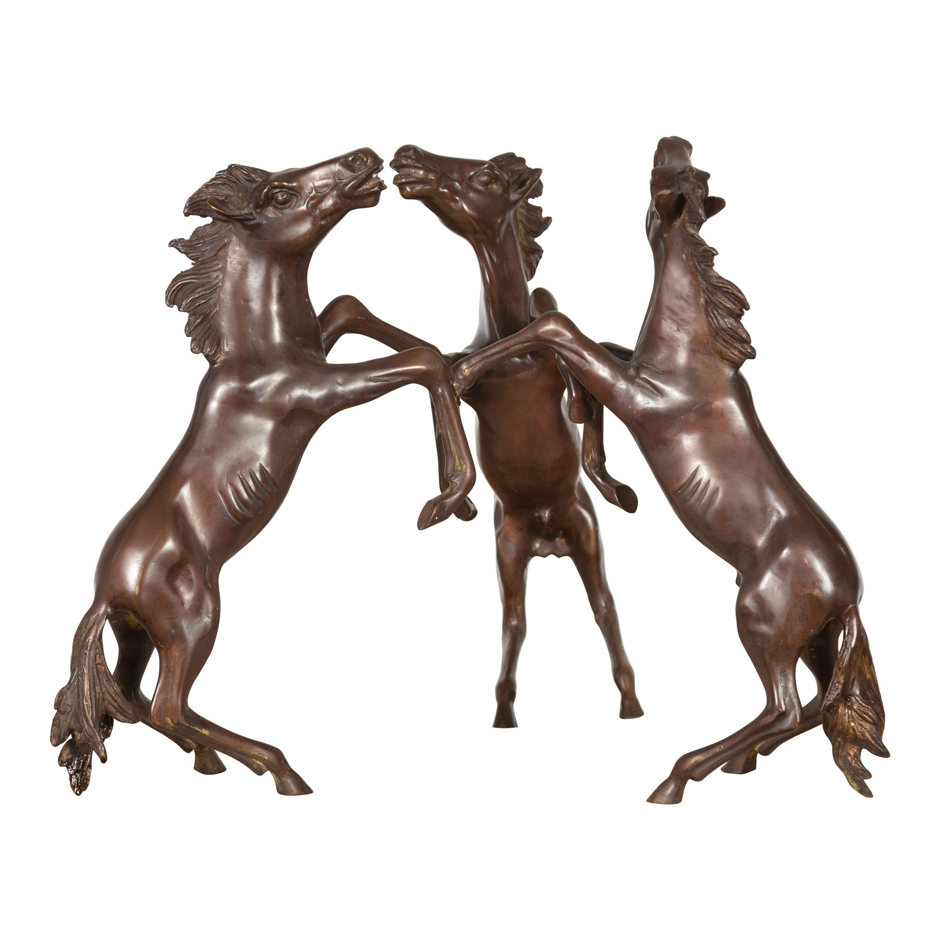 Vintage Lost Wax Cast Bronze Coffee Table Base with Triple Rearing Horses