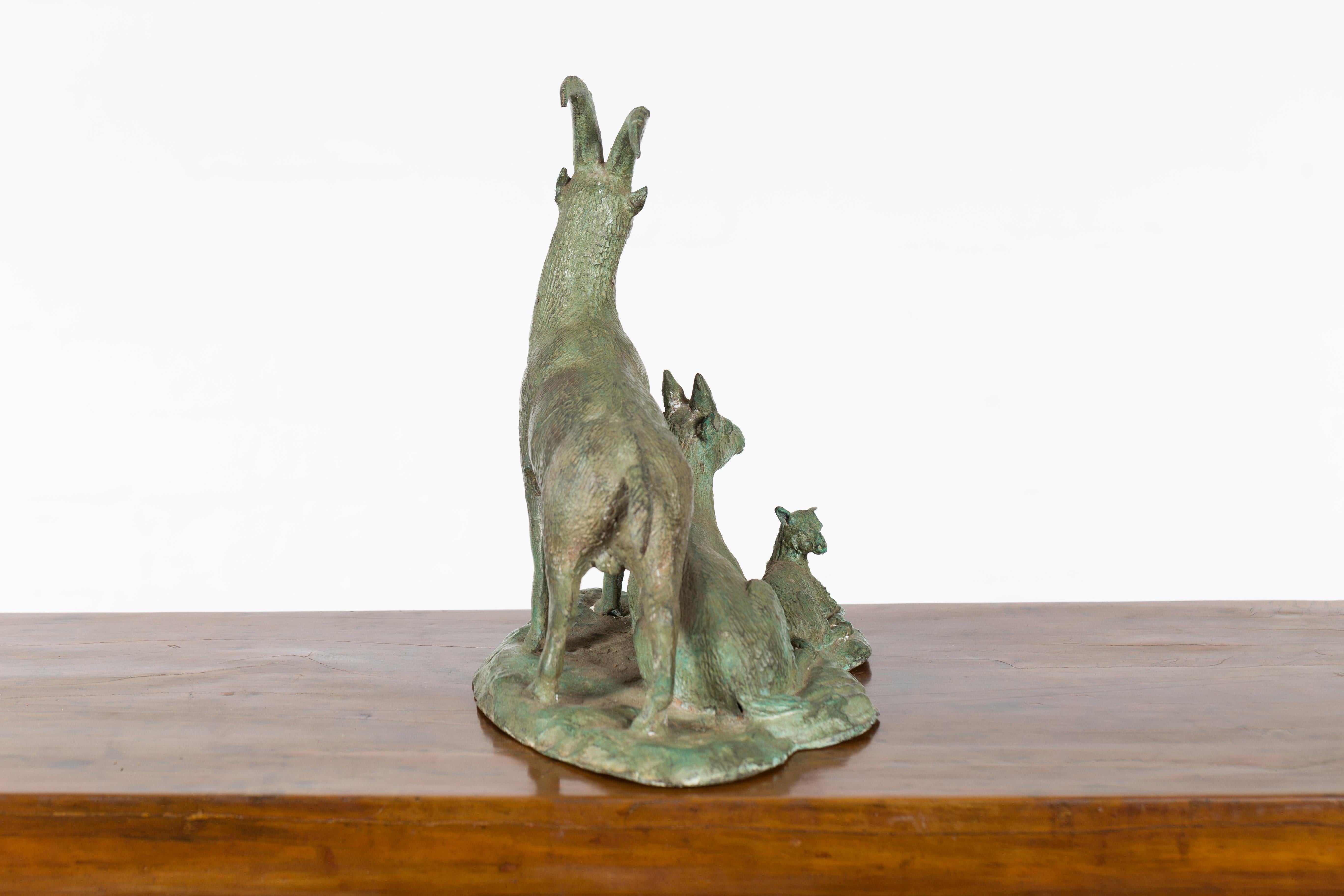 Vintage Lost Wax Cast Bronze Family of Ibex Sculpture with Verde Patina For Sale 9