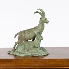 Vintage Lost Wax Cast Bronze Family of Ibex Sculpture with Verde Patina