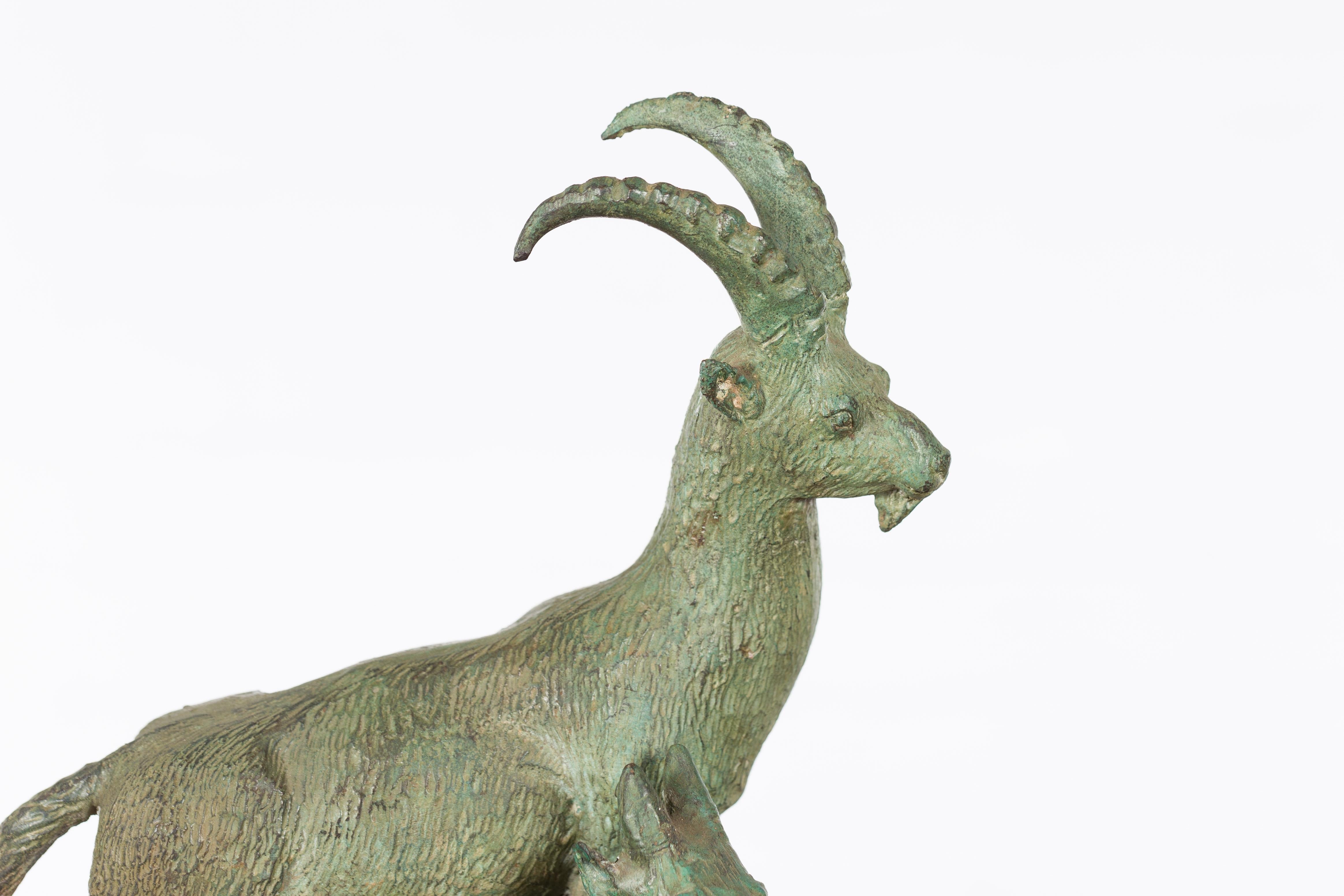 Vintage Lost Wax Cast Bronze Family of Ibex Sculpture with Verde Patina In Good Condition For Sale In Yonkers, NY