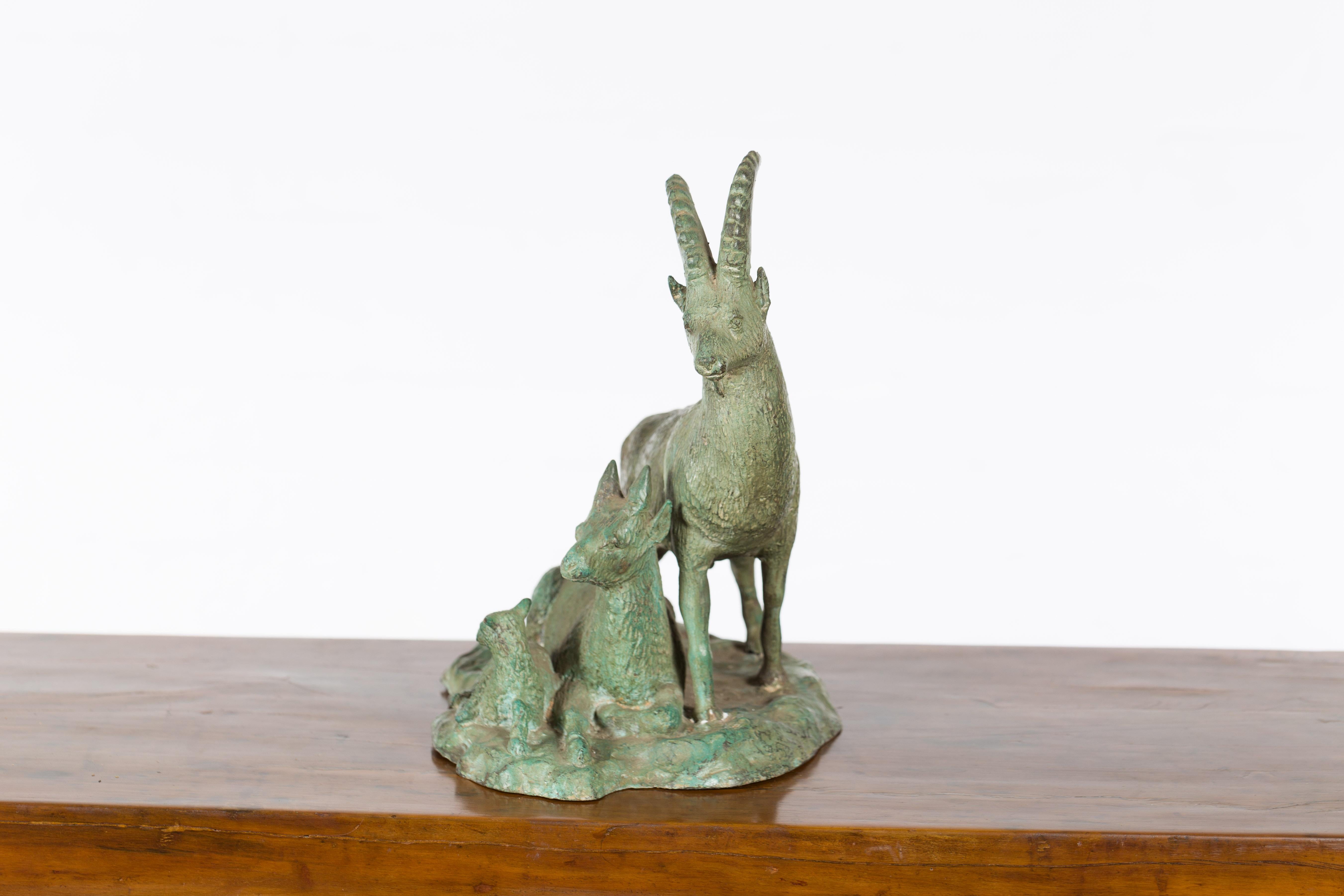 Vintage Lost Wax Cast Bronze Family of Ibex Sculpture with Verde Patina For Sale 5