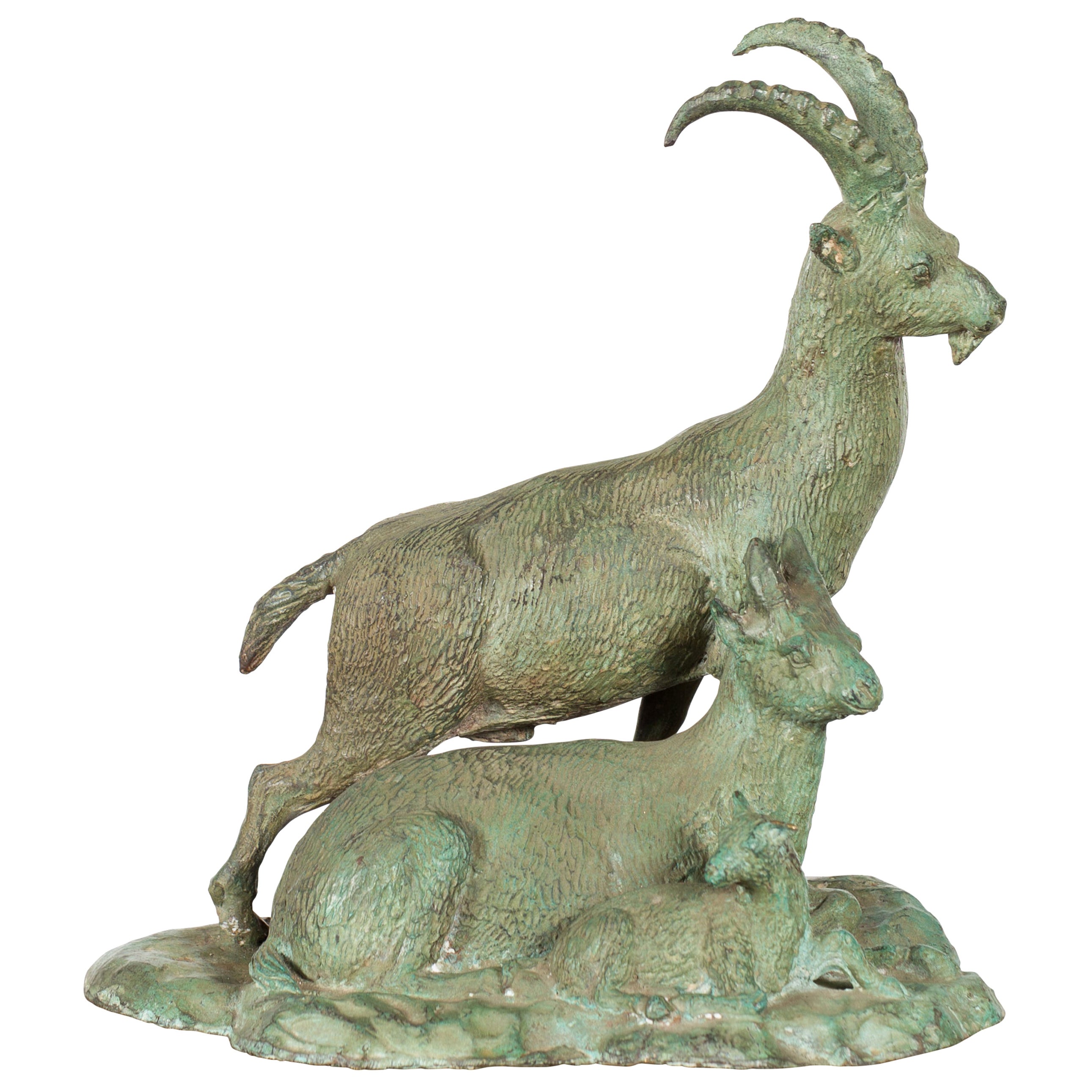 Vintage Lost Wax Cast Bronze Family of Ibex Sculpture with Verde Patina