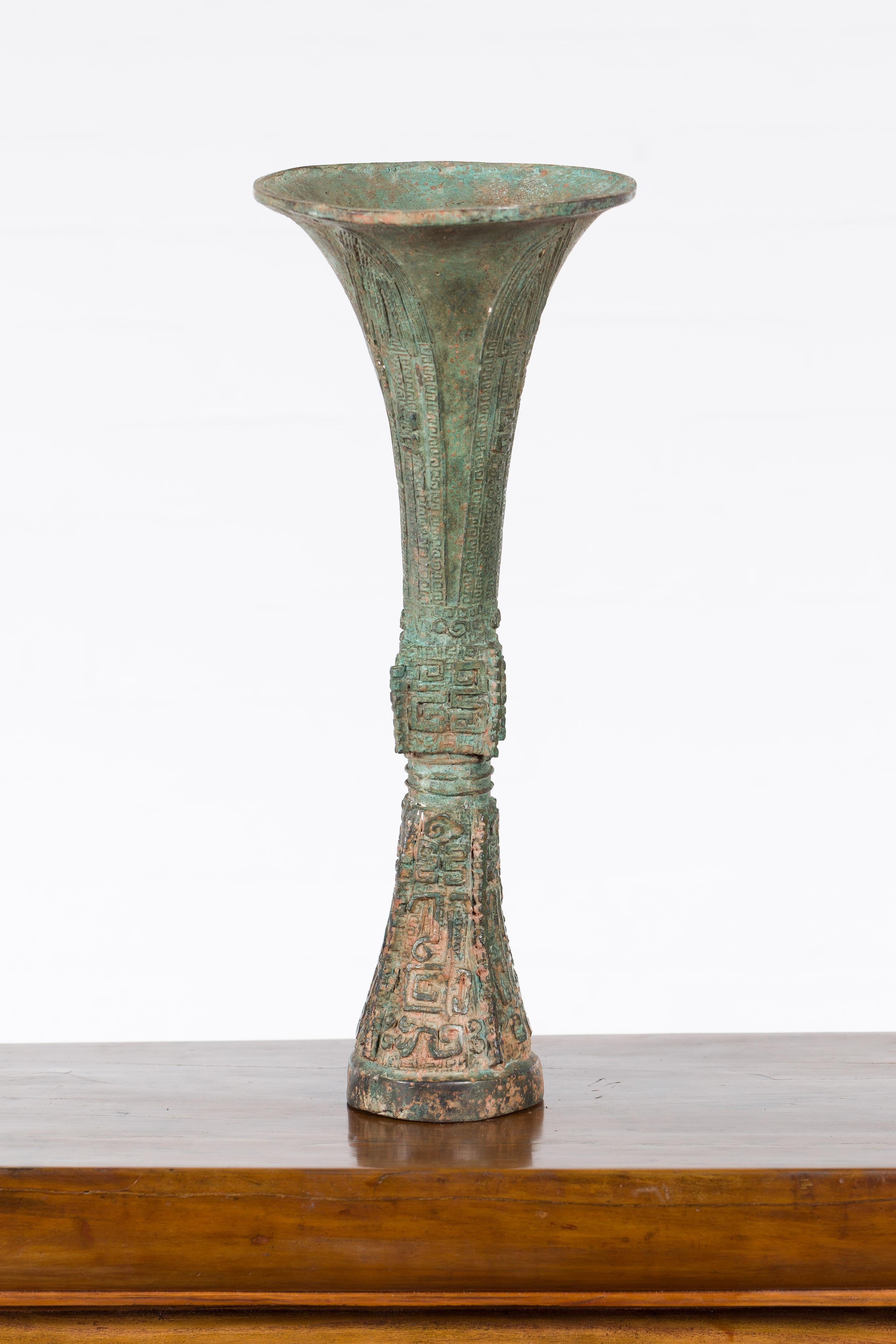 Patinated Bronze Flute Shaped Han Dynasty Ceremonial Vessel For Sale