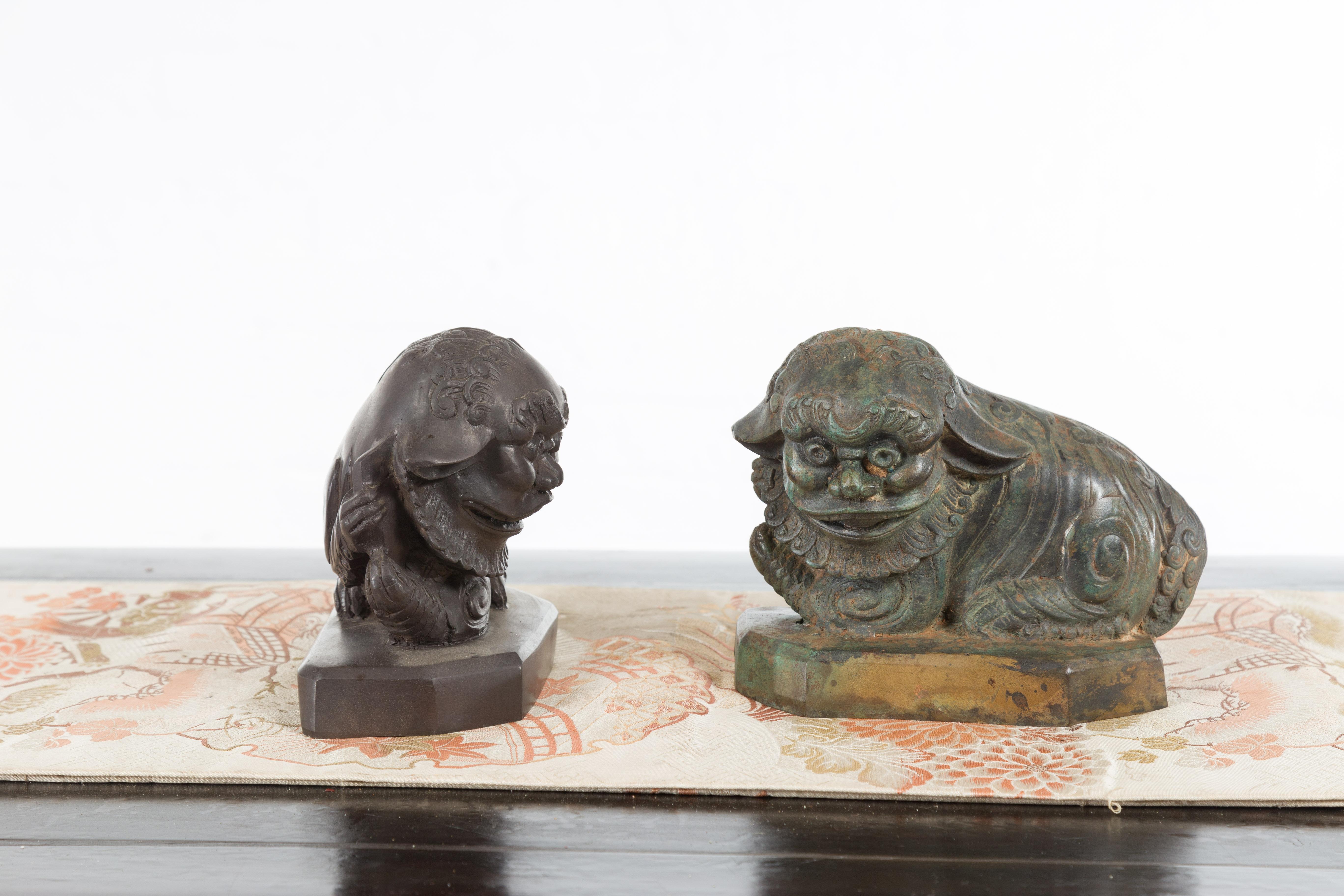Vintage Lost Wax Cast Bronze Foo Dog Sculptures with Bronze Patina For Sale 2