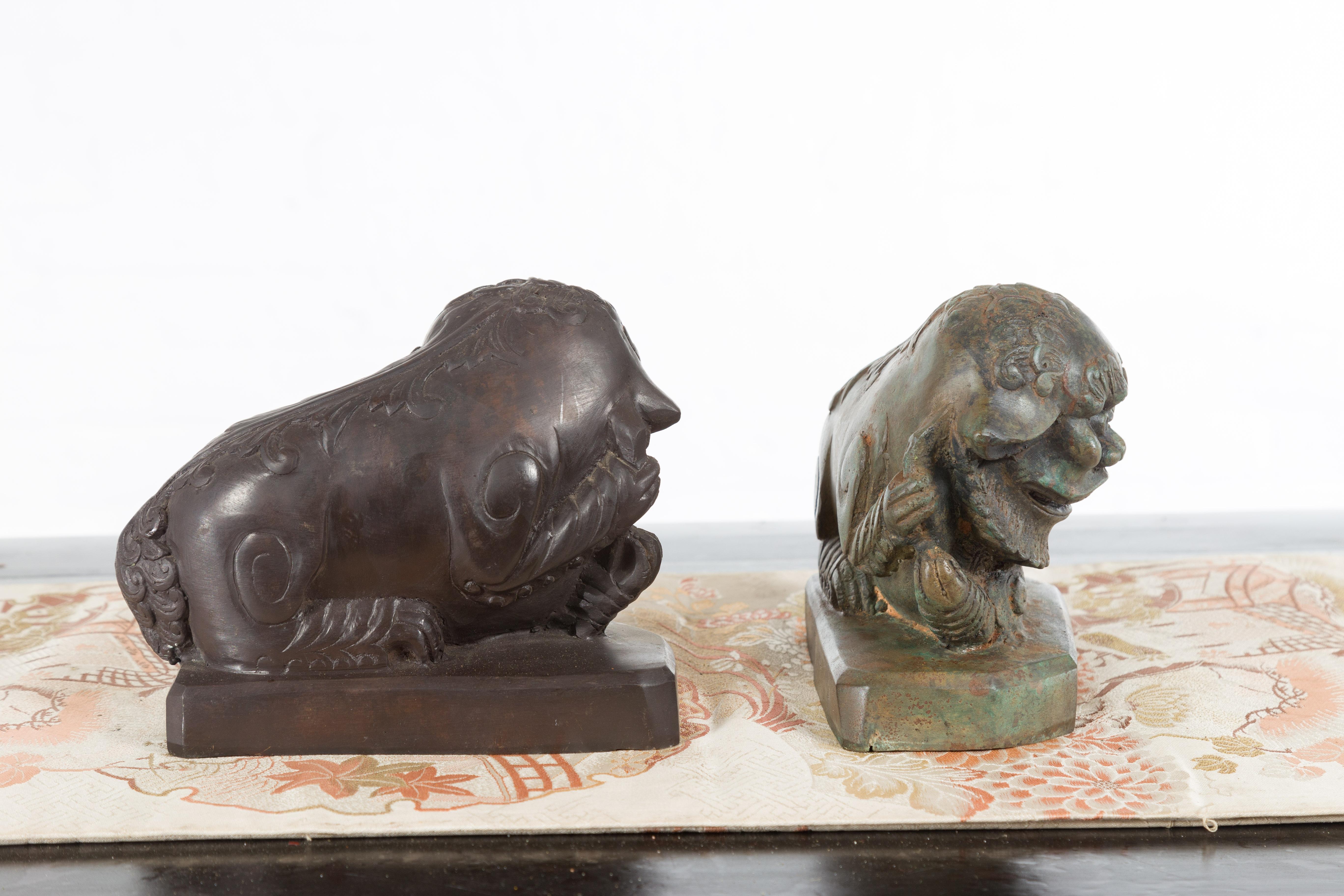 Vintage Lost Wax Cast Bronze Foo Dog Sculptures with Bronze Patina For Sale 3