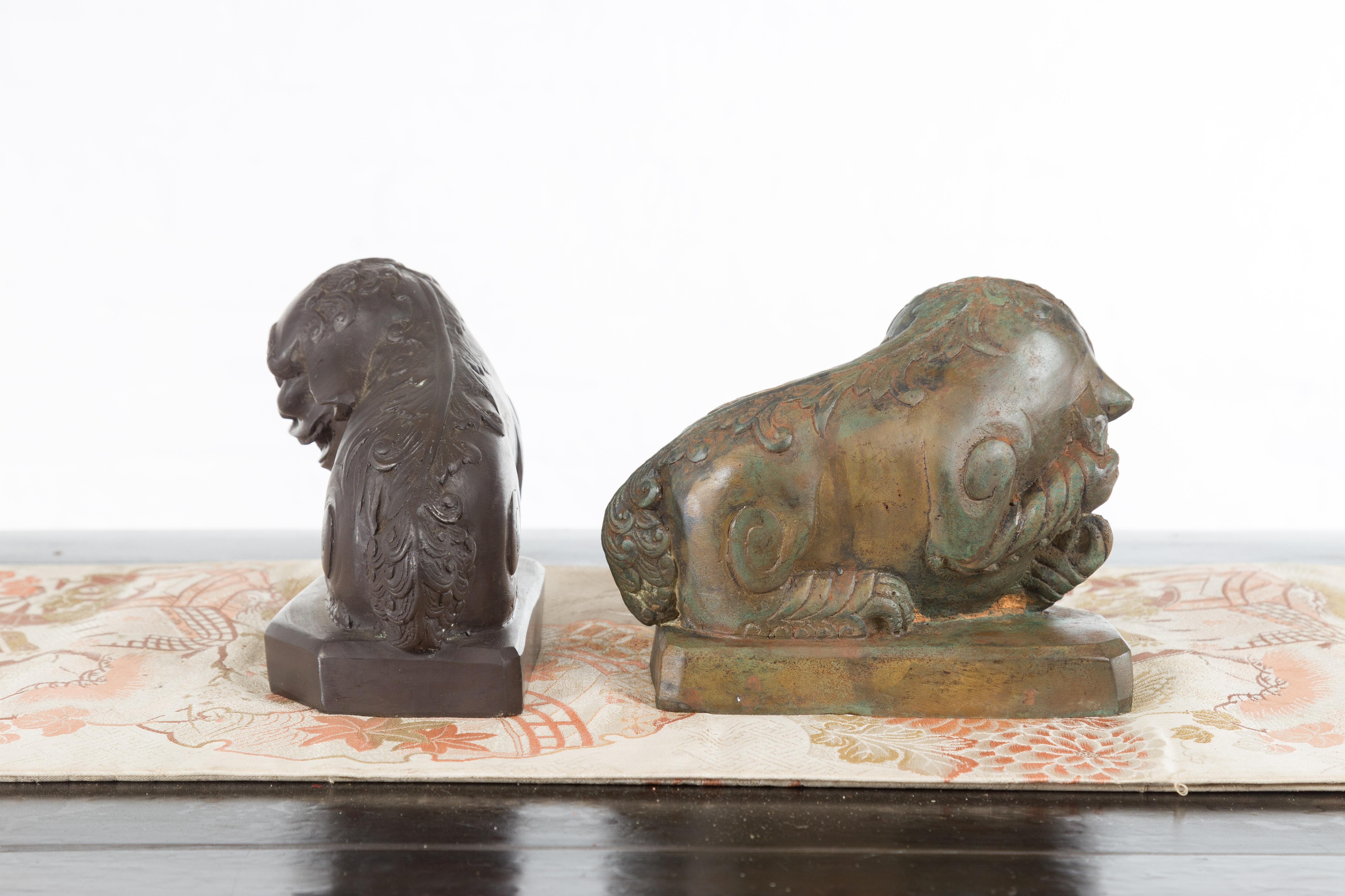 Vintage Lost Wax Cast Bronze Foo Dog Sculptures with Bronze Patina For Sale 4