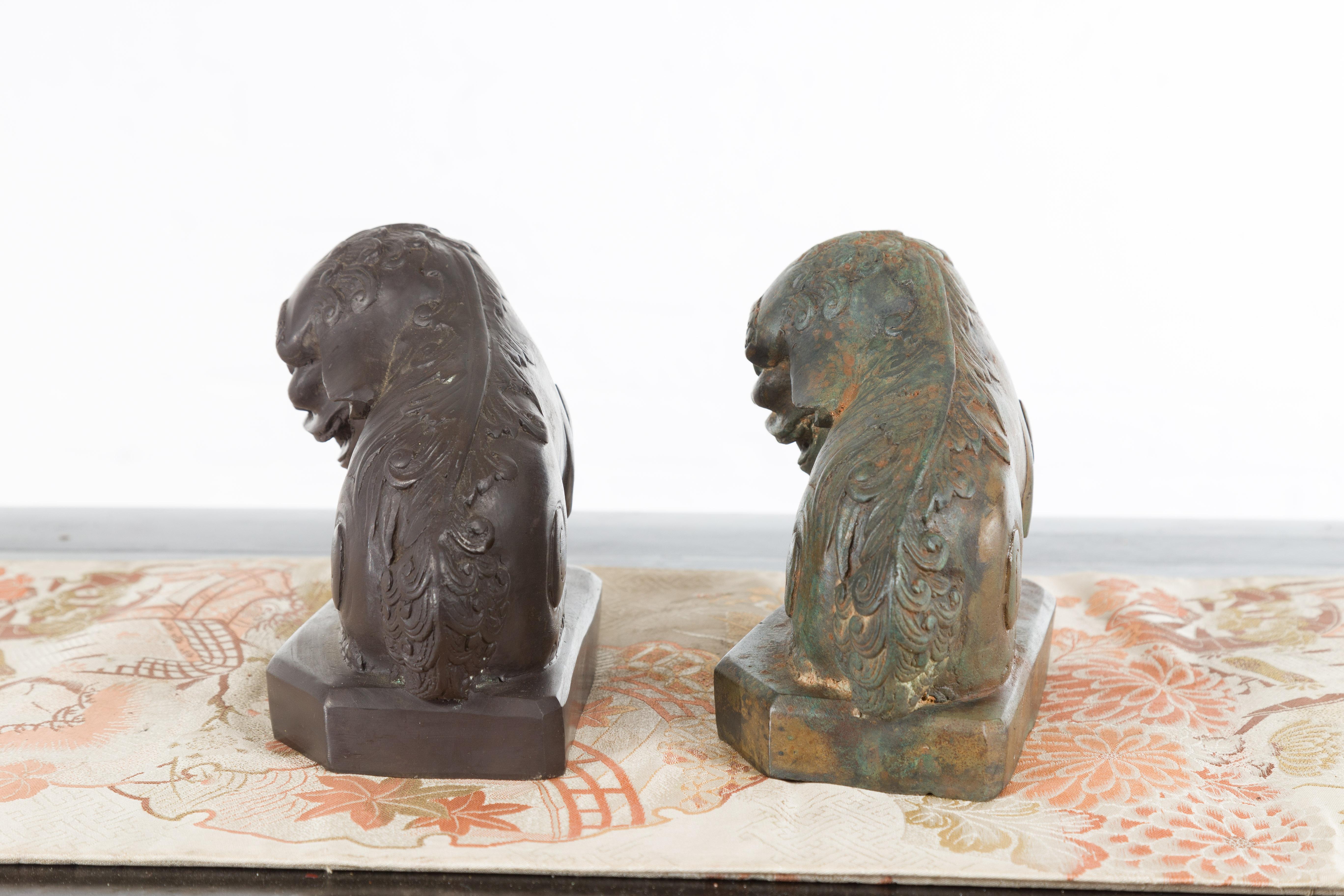 Vintage Lost Wax Cast Bronze Foo Dog Sculptures with Bronze Patina For Sale 5