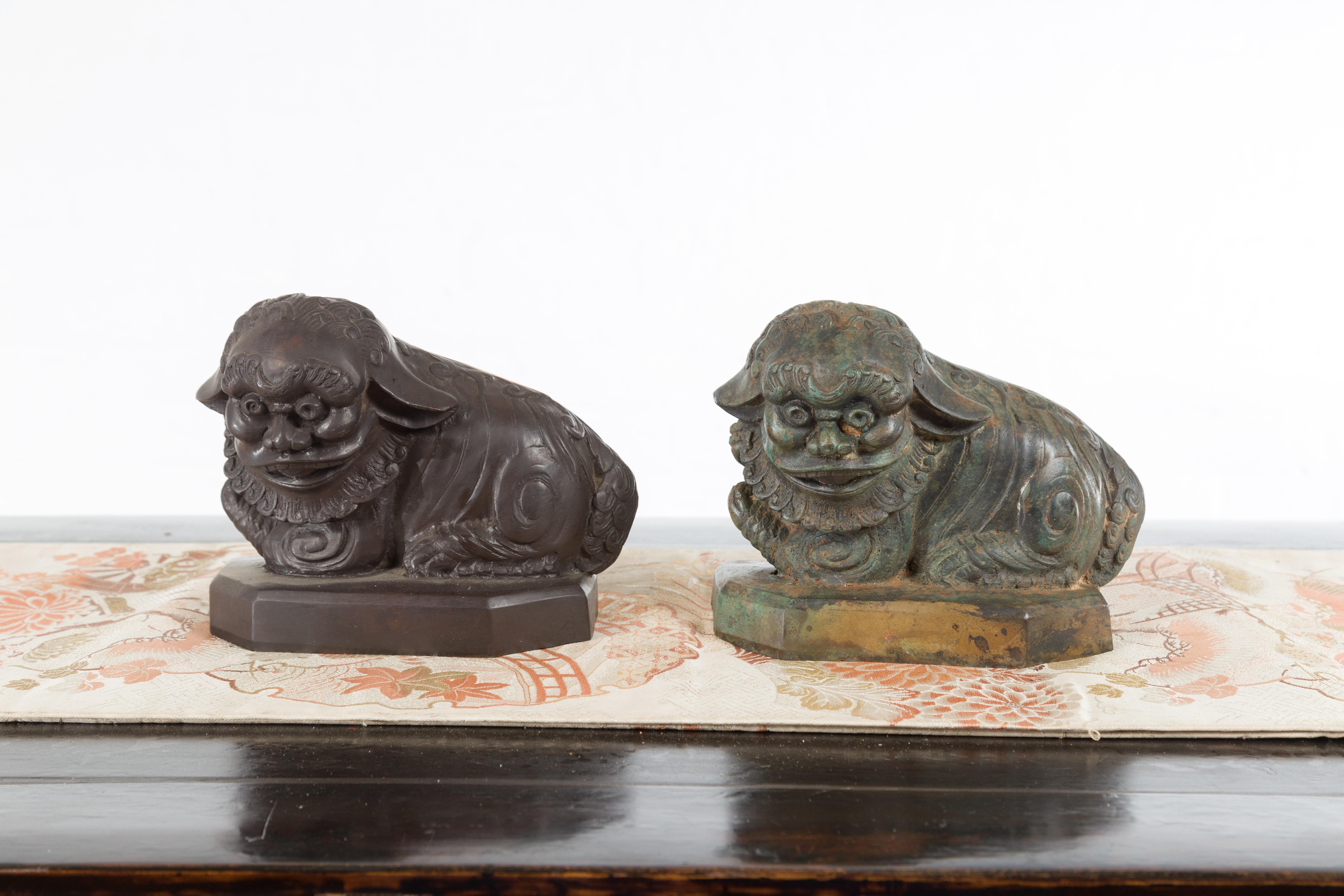 Vintage Lost Wax Cast Bronze Foo Dog Sculptures with Bronze Patina For Sale 6