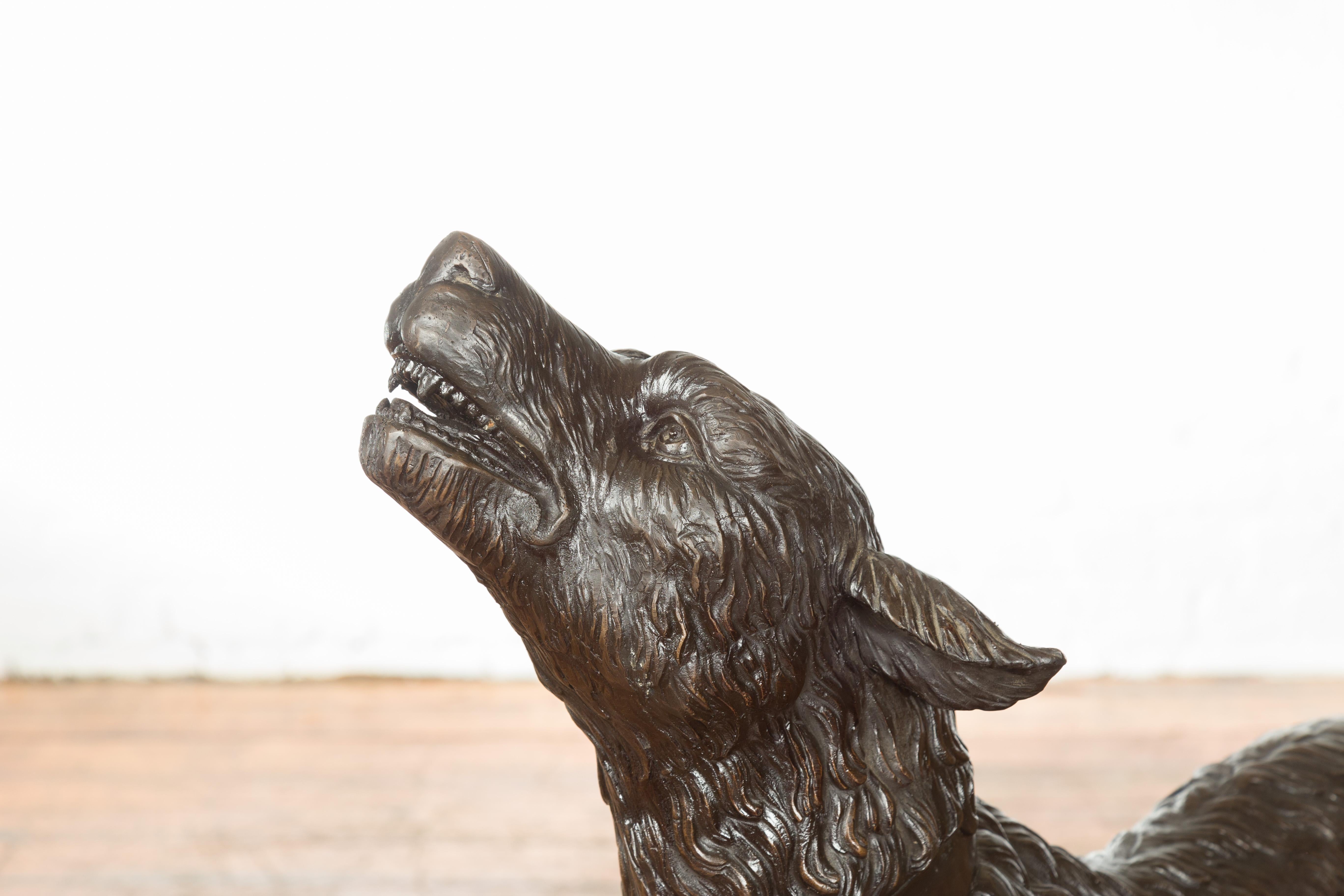 Vintage Lost Wax Cast Bronze Sculpture of a Howling Dog with Textured Patina 6