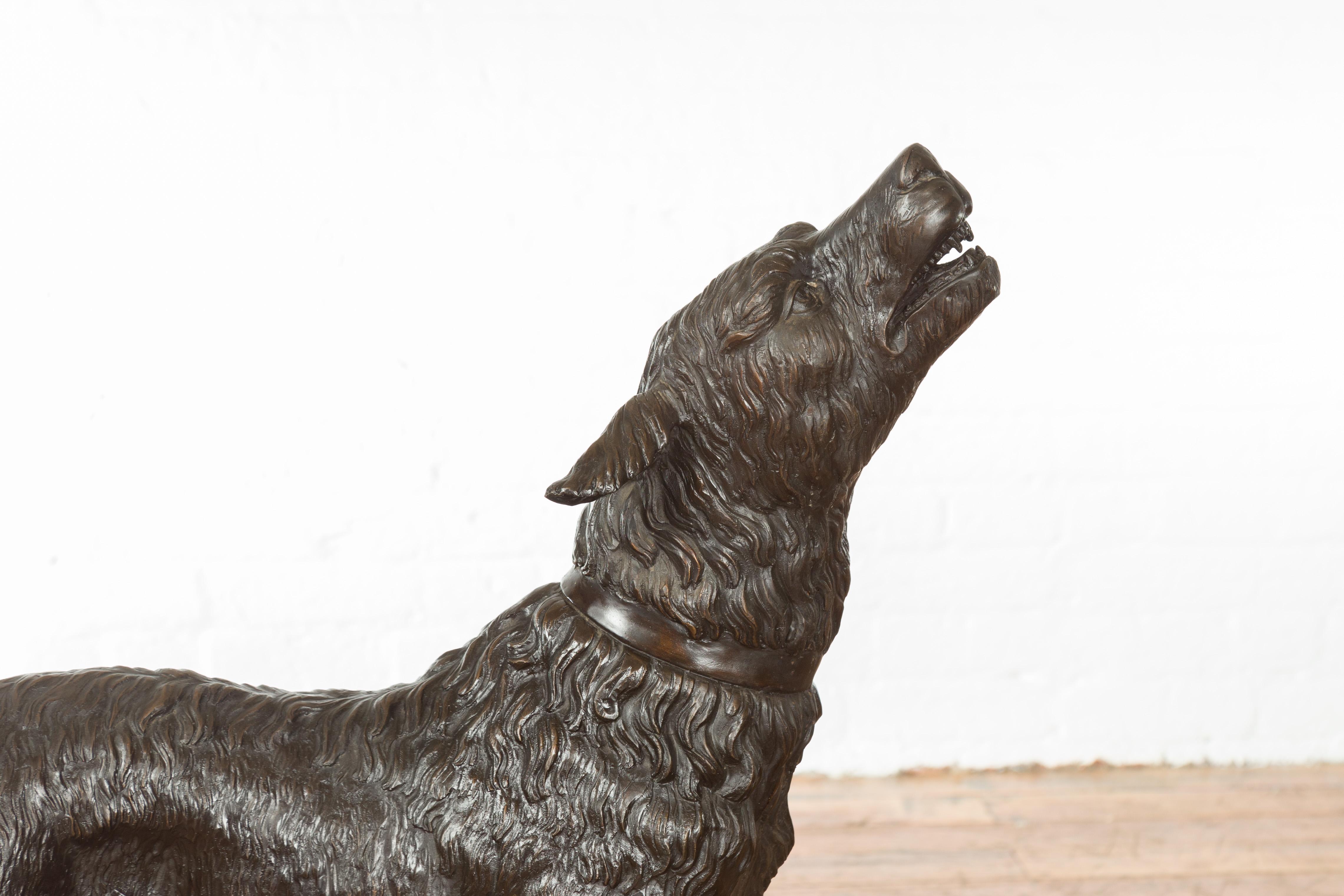 Vintage Lost Wax Cast Bronze Sculpture of a Howling Dog with Textured Patina In Good Condition For Sale In Yonkers, NY