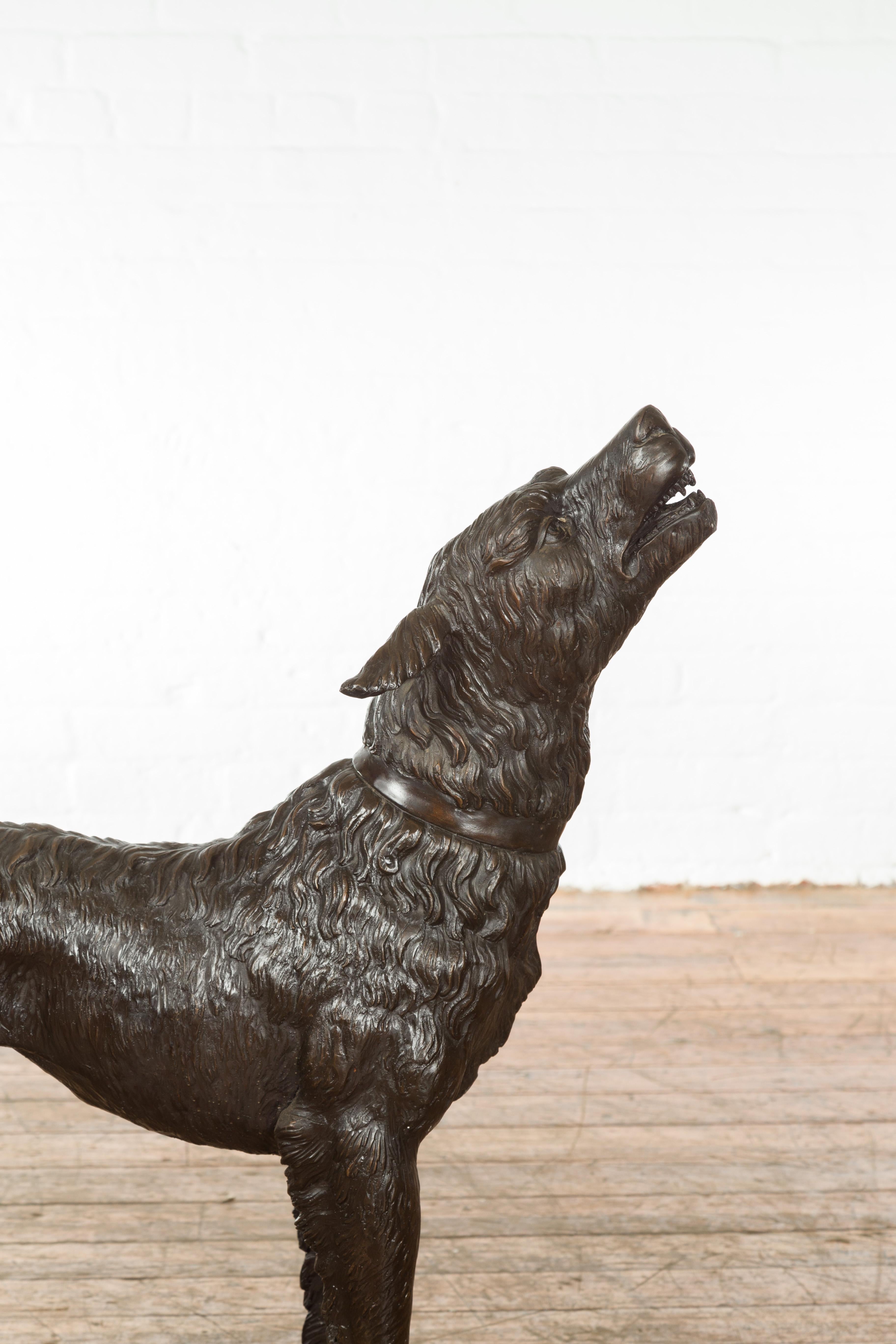 20th Century Vintage Lost Wax Cast Bronze Sculpture of a Howling Dog with Textured Patina For Sale