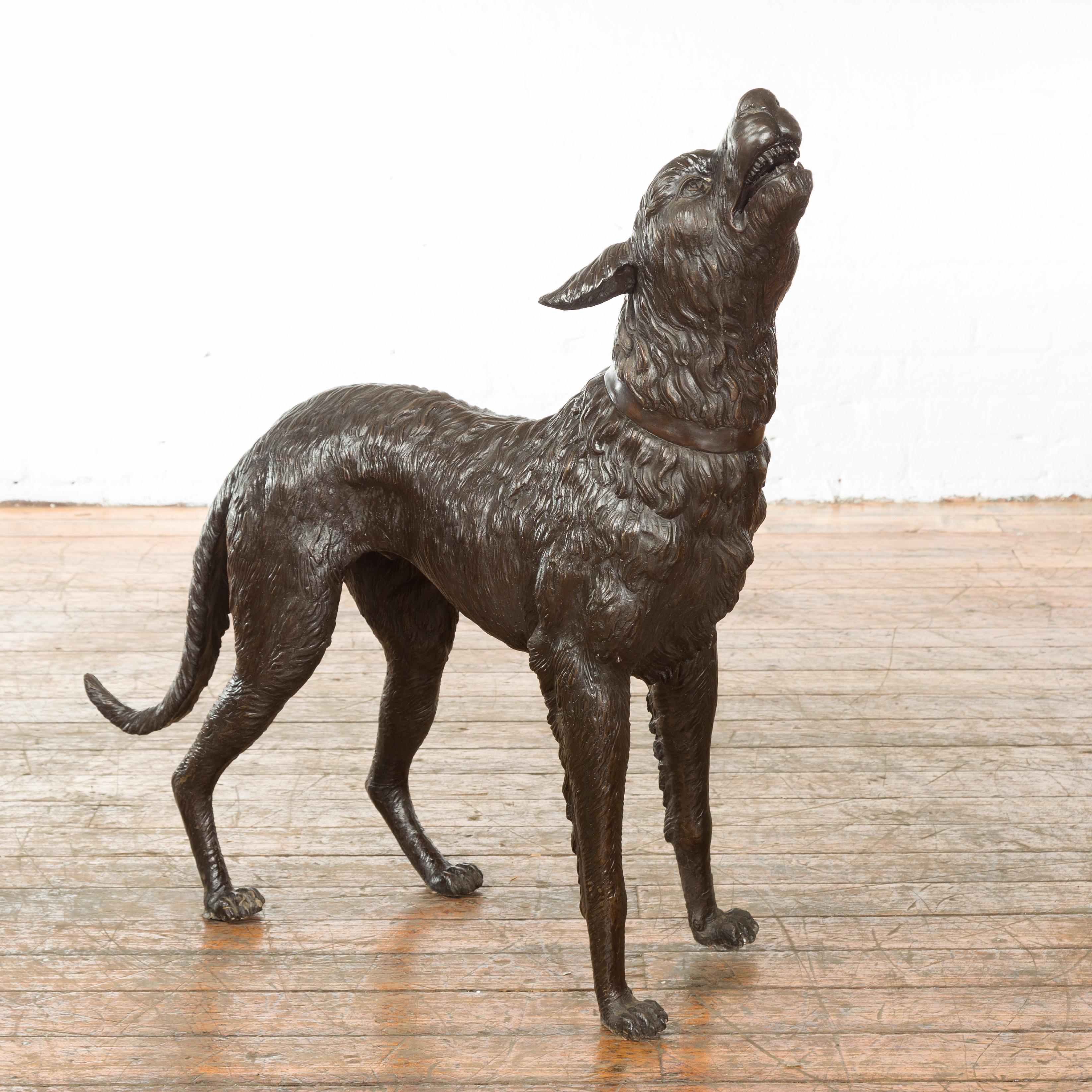 Vintage Lost Wax Cast Bronze Sculpture of a Howling Dog with Textured Patina 2