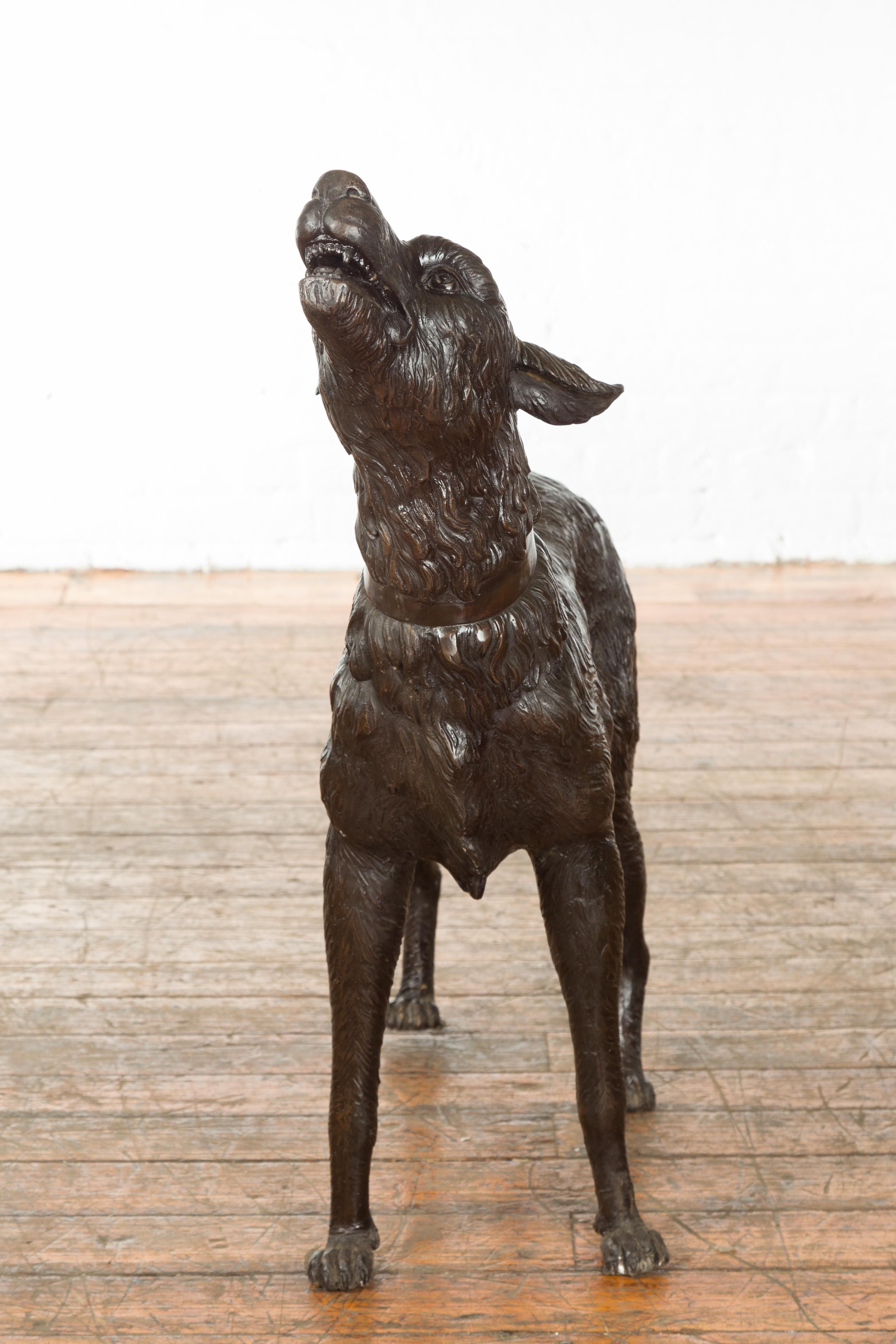 Vintage Lost Wax Cast Bronze Sculpture of a Howling Dog with Textured Patina For Sale 3