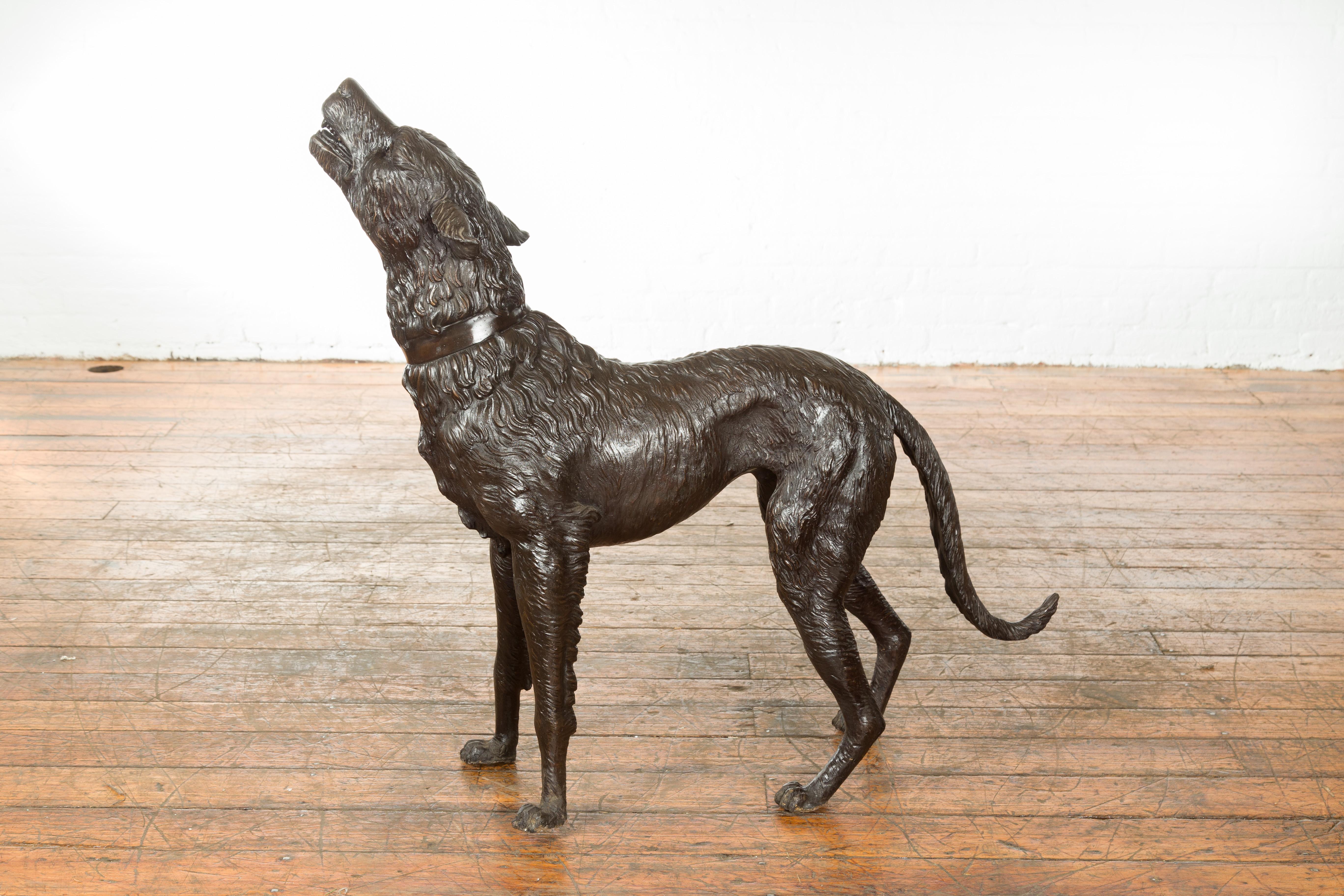 Vintage Lost Wax Cast Bronze Sculpture of a Howling Dog with Textured Patina For Sale 4