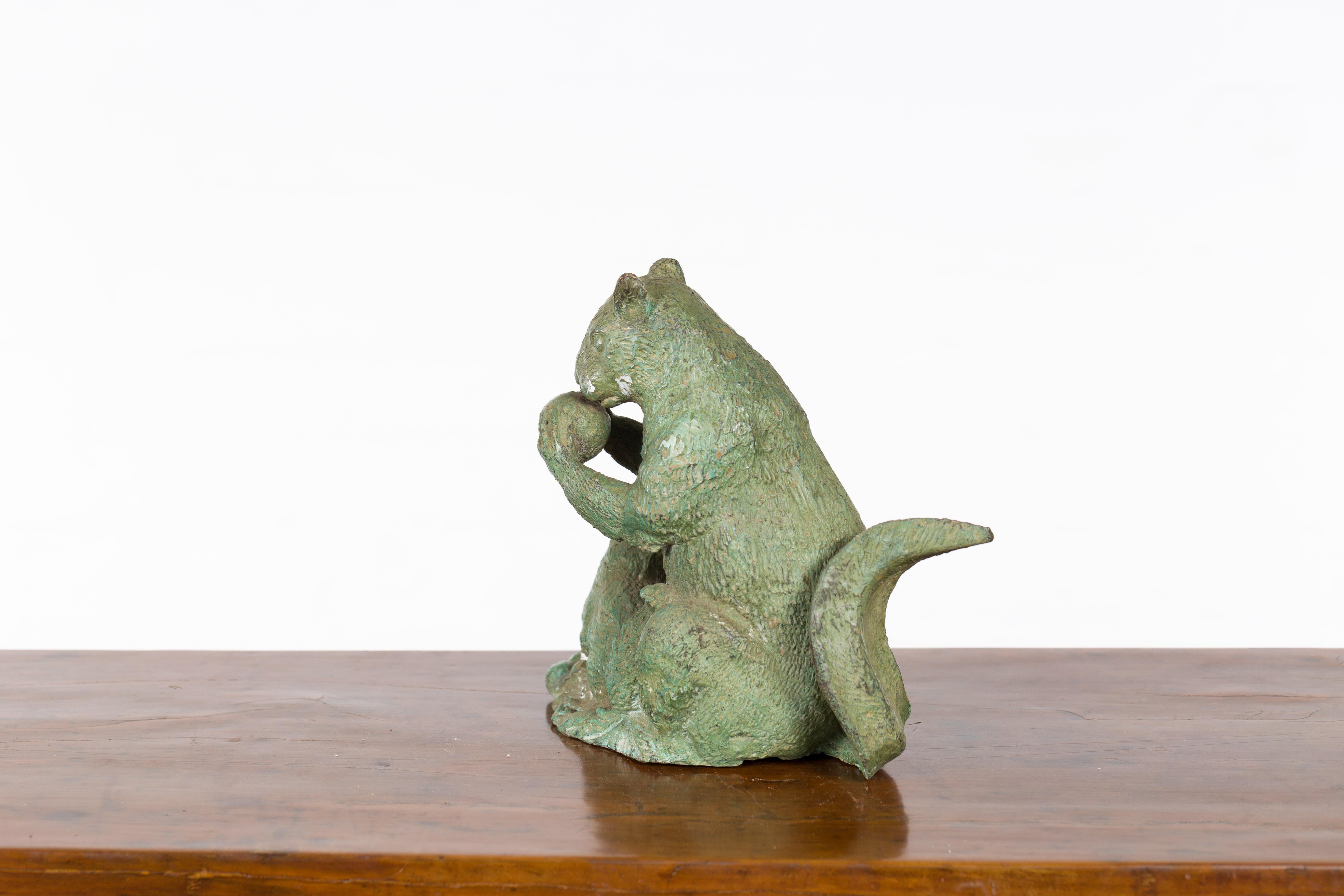 Vintage Lost Wax Cast Bronze Squirrel Family Sculpture with Verde Patina For Sale 6