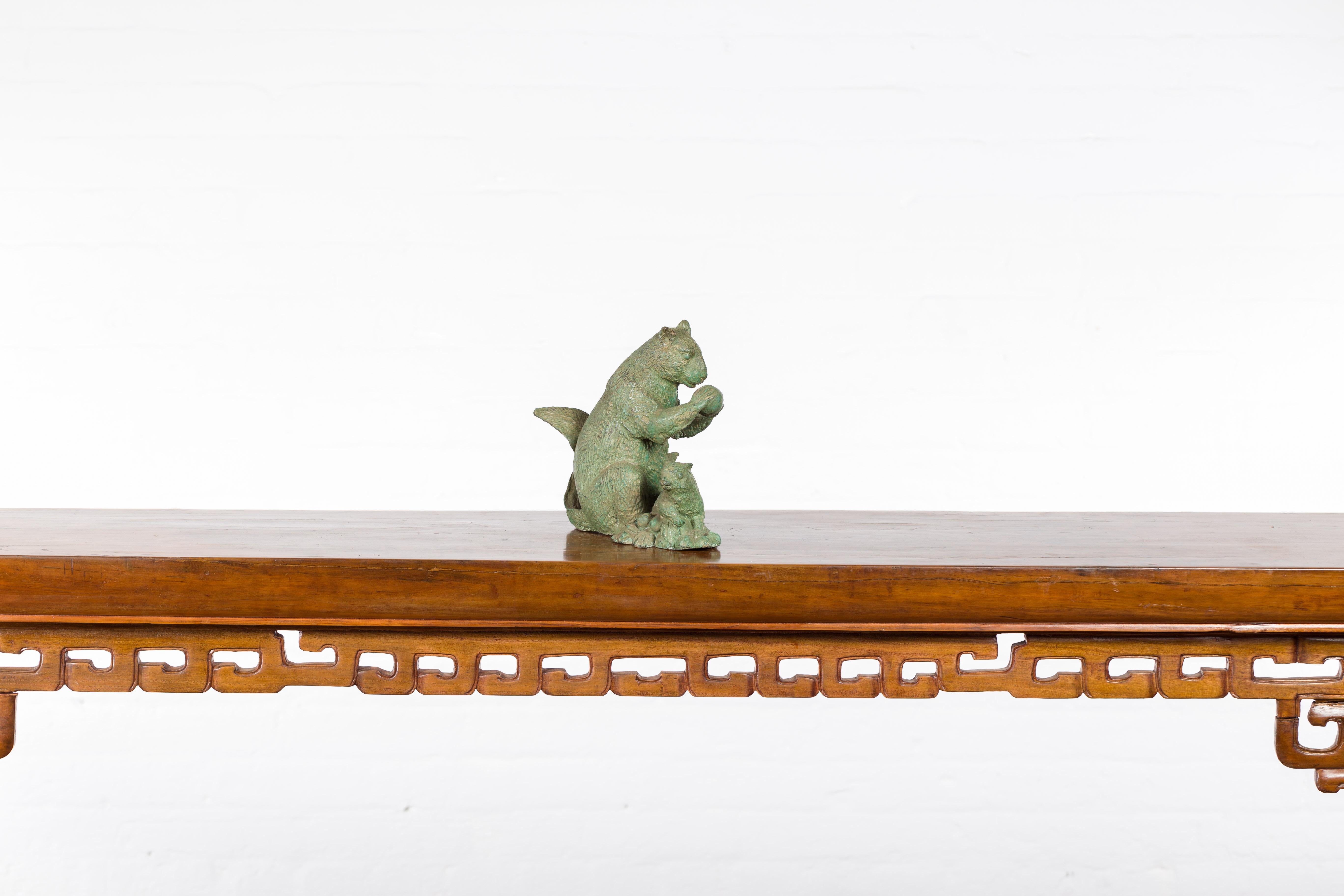 Vintage Lost Wax Cast Bronze Squirrel Family Sculpture with Verde Patina In Good Condition For Sale In Yonkers, NY
