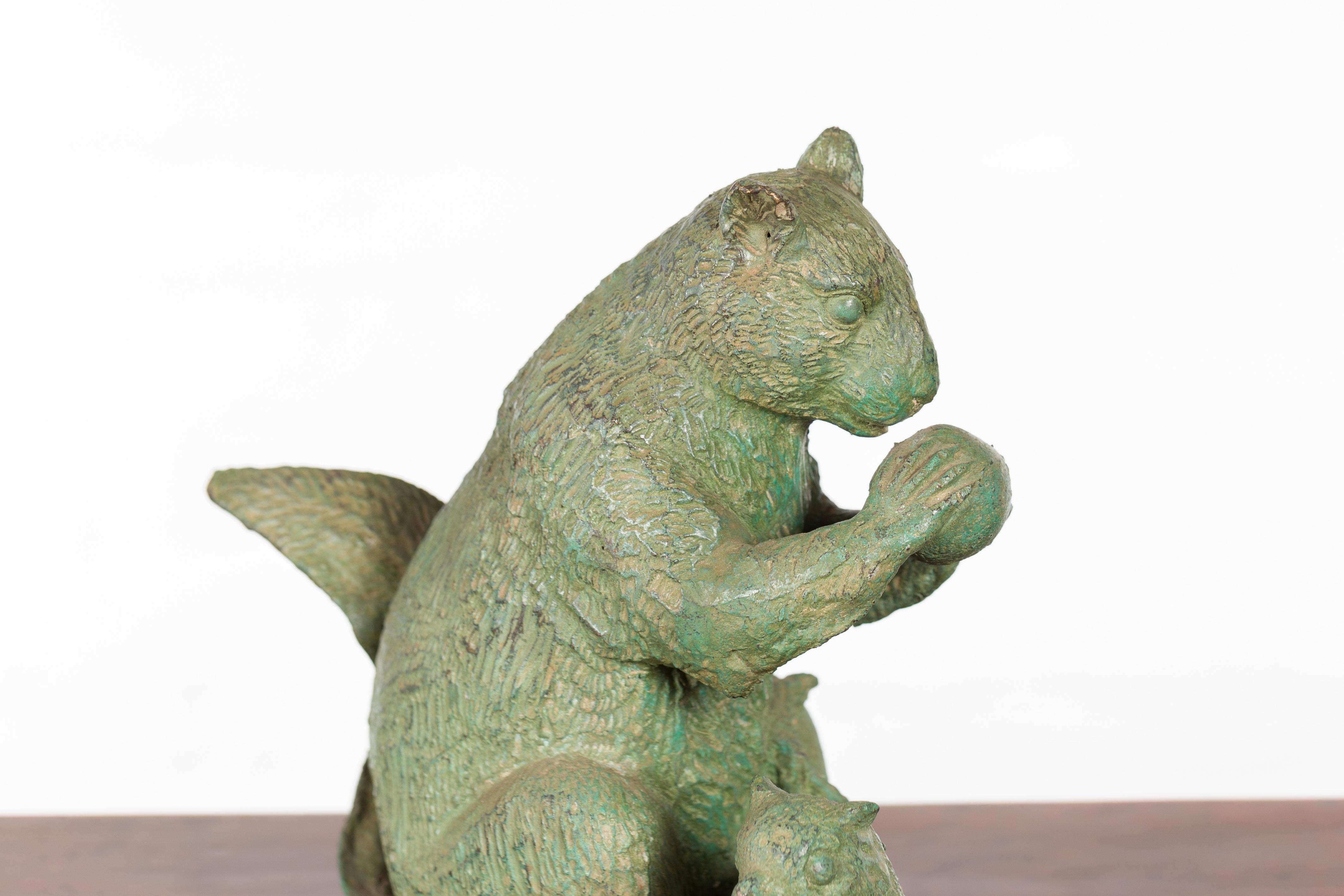 20th Century Vintage Lost Wax Cast Bronze Squirrel Family Sculpture with Verde Patina For Sale