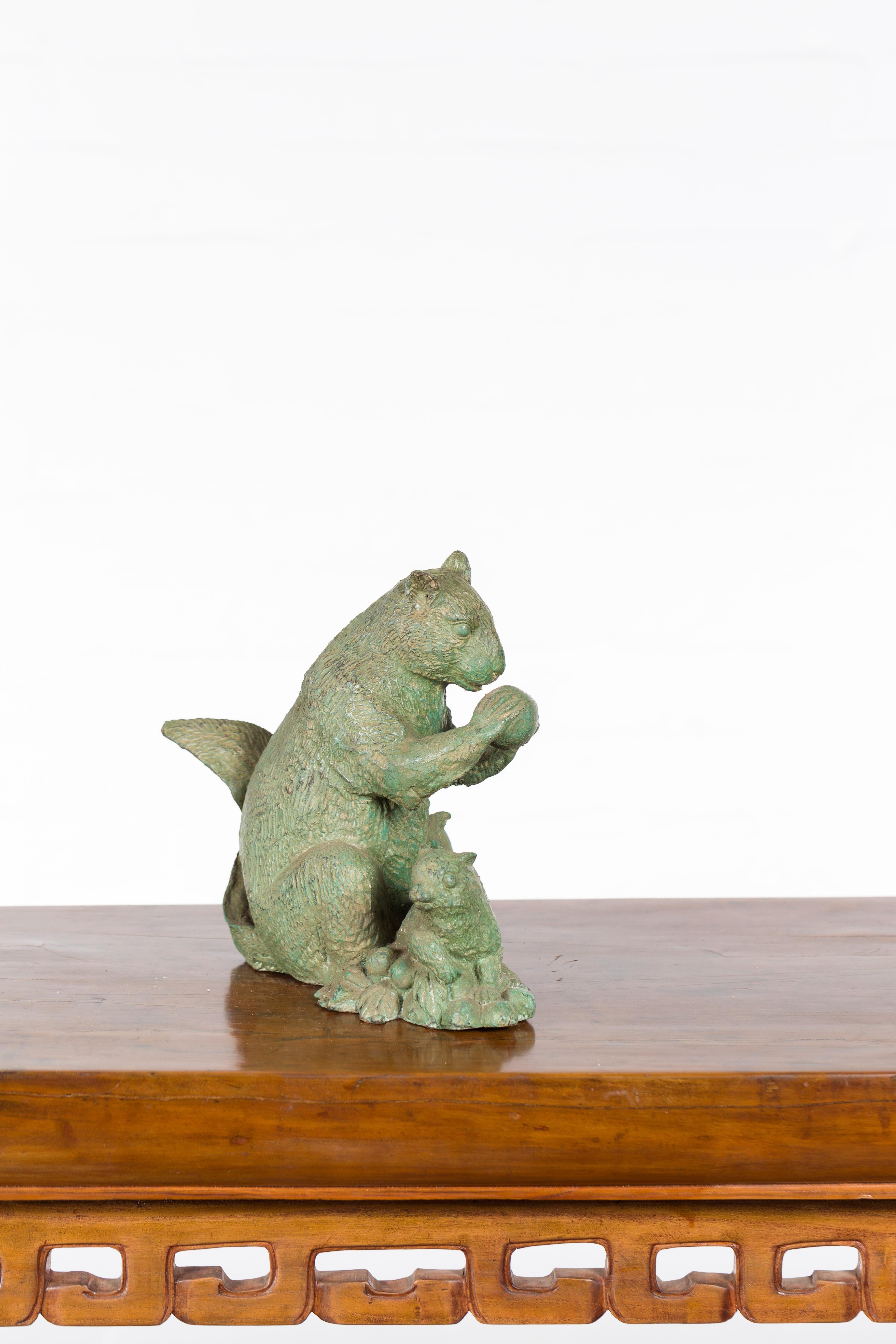 Vintage Lost Wax Cast Bronze Squirrel Family Sculpture with Verde Patina For Sale 2