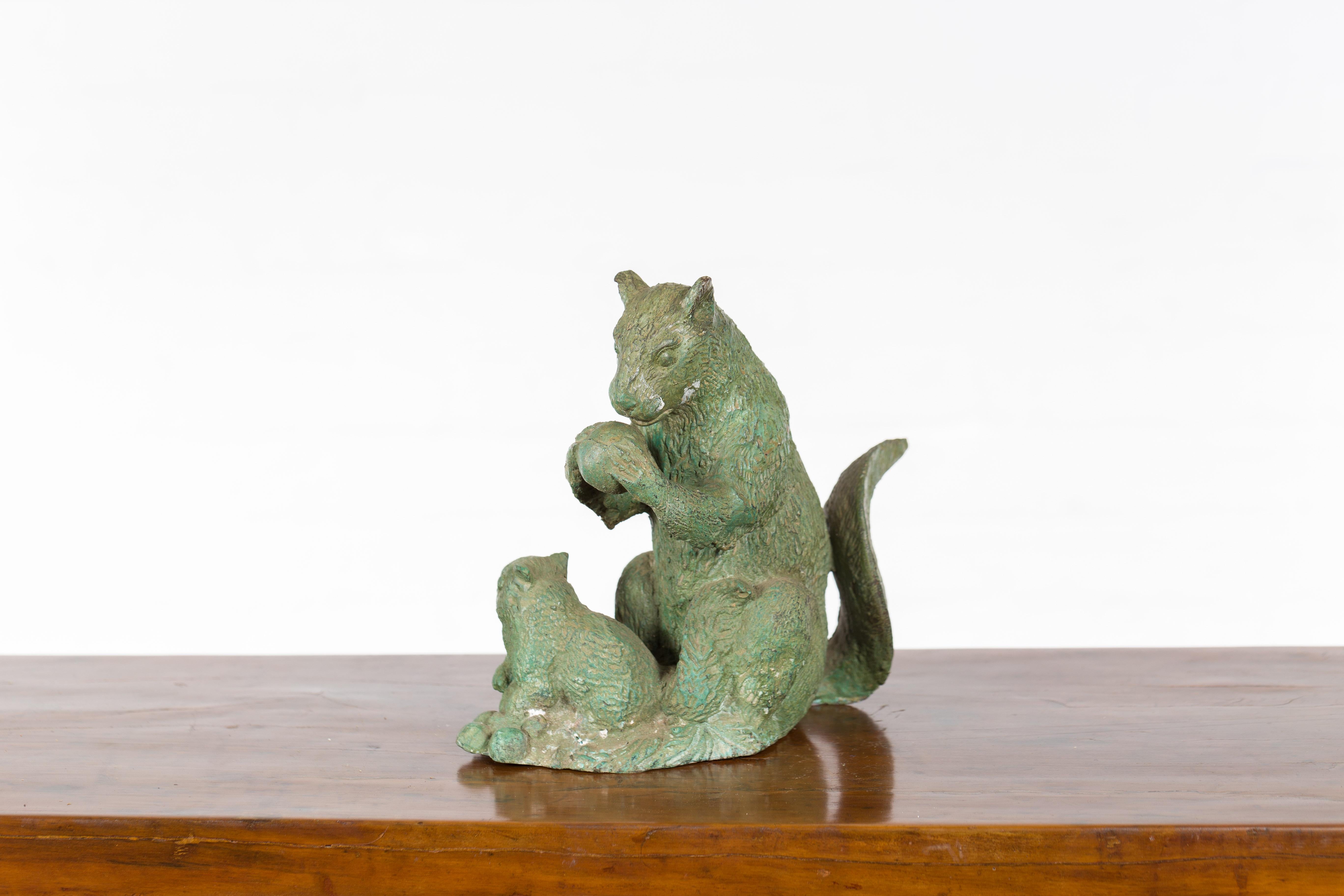 Vintage Lost Wax Cast Bronze Squirrel Family Sculpture with Verde Patina For Sale 2