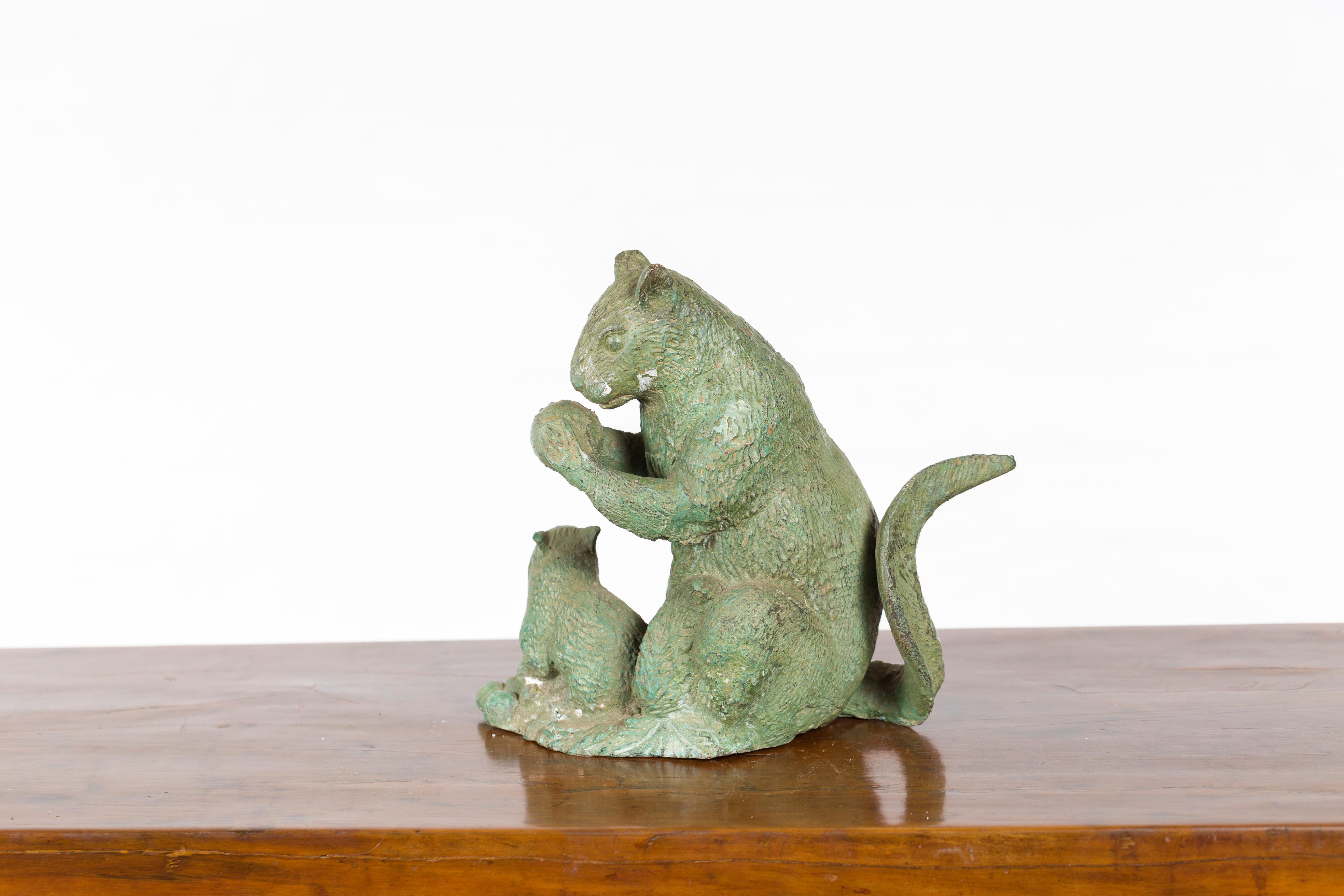 Vintage Lost Wax Cast Bronze Squirrel Family Sculpture with Verde Patina For Sale 5