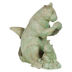 Sculpture de famille écureuil vintage en bronze moulé à la cire perdue avec patine Verde