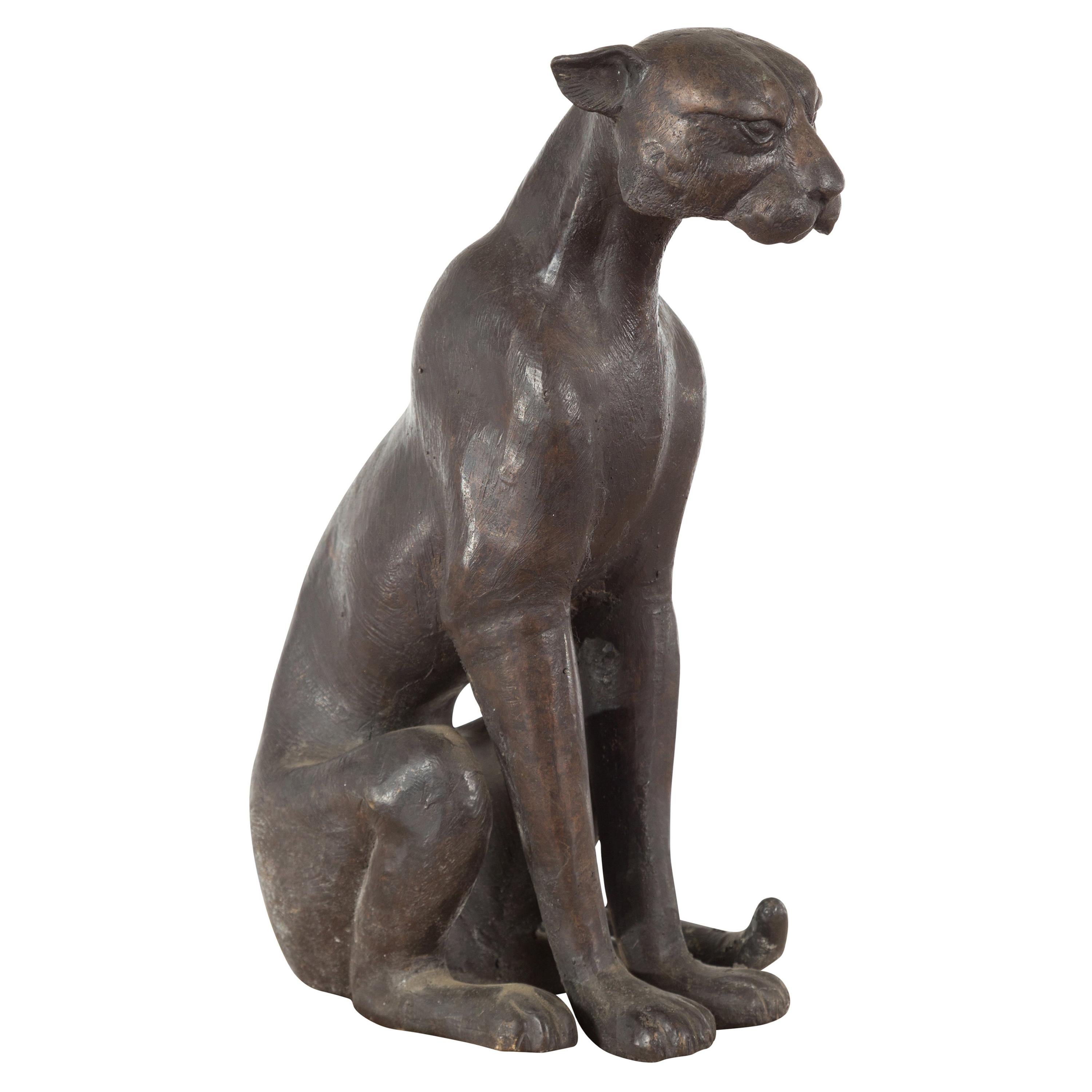 Vintage Lost Wax Cast Bronze Statue of a Sitting Cat with Bronze Patina