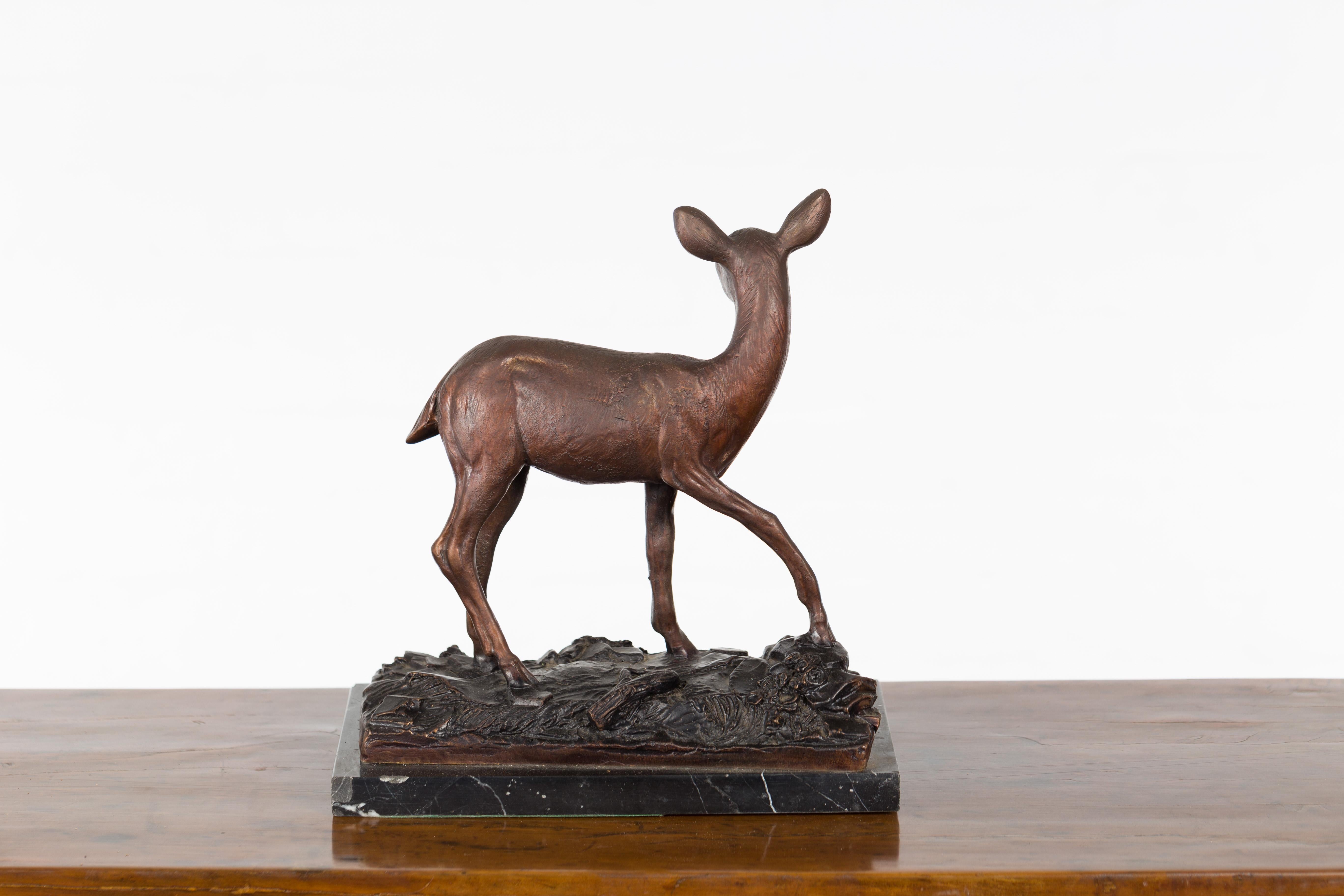 Vintage Lost Wax Cast Bronze Statuette of a Deer Mounted on Marble Base For Sale 9
