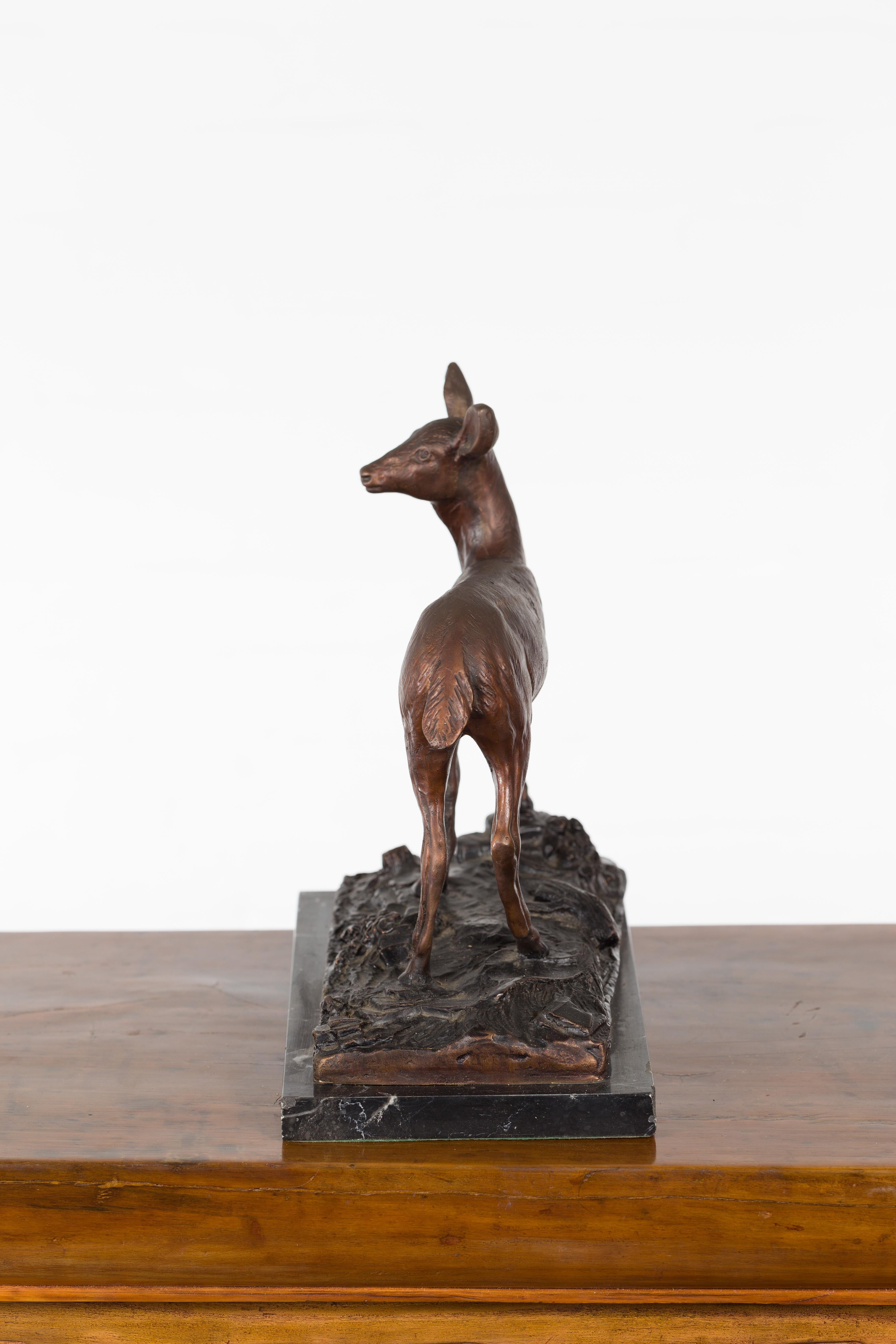 Vintage Lost Wax Cast Bronze Statuette of a Deer Mounted on Marble Base For Sale 10