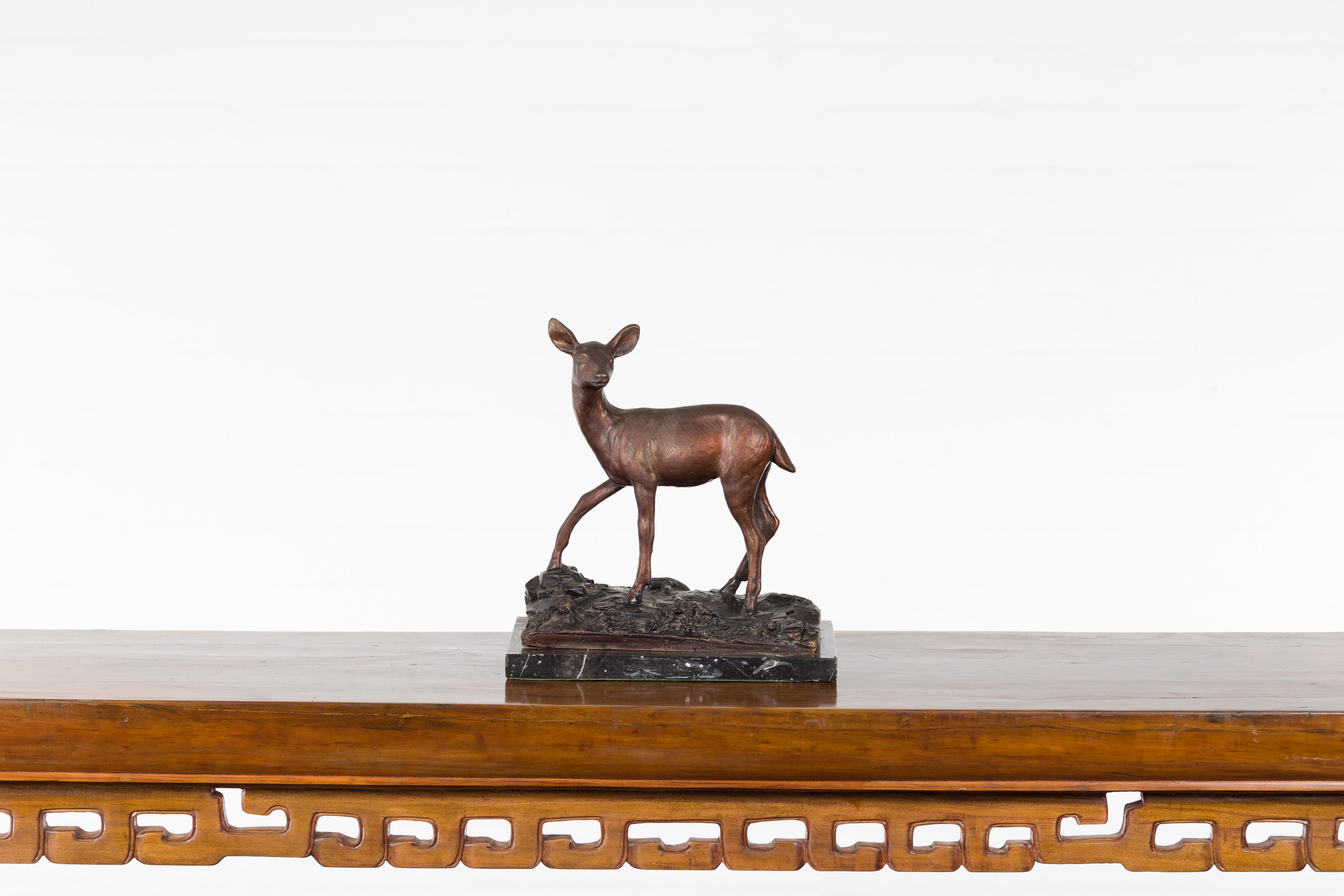 Vintage Lost Wax Cast Bronze Statuette of a Deer Mounted on Marble Base In Good Condition For Sale In Yonkers, NY