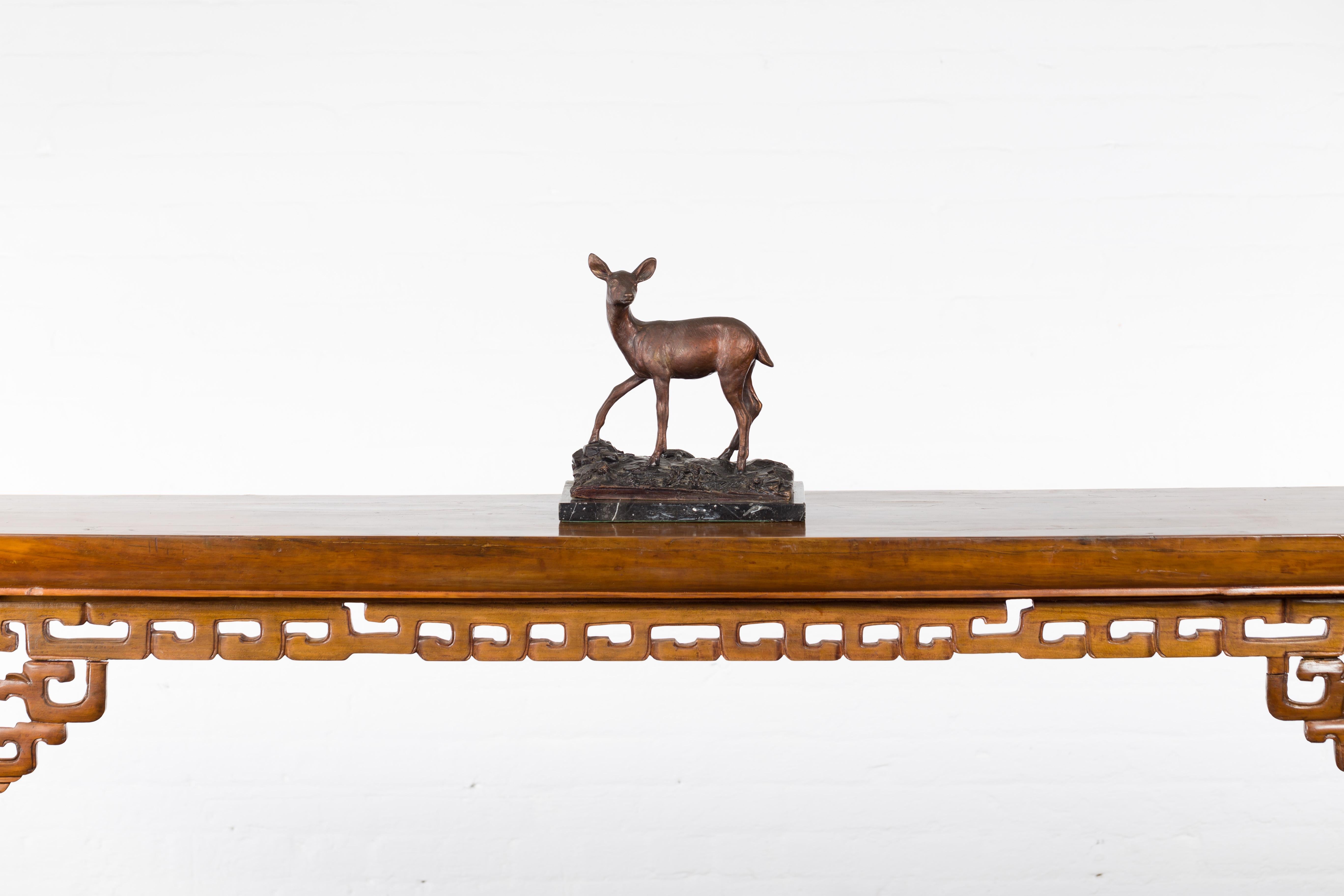 20th Century Vintage Lost Wax Cast Bronze Statuette of a Deer Mounted on Marble Base For Sale