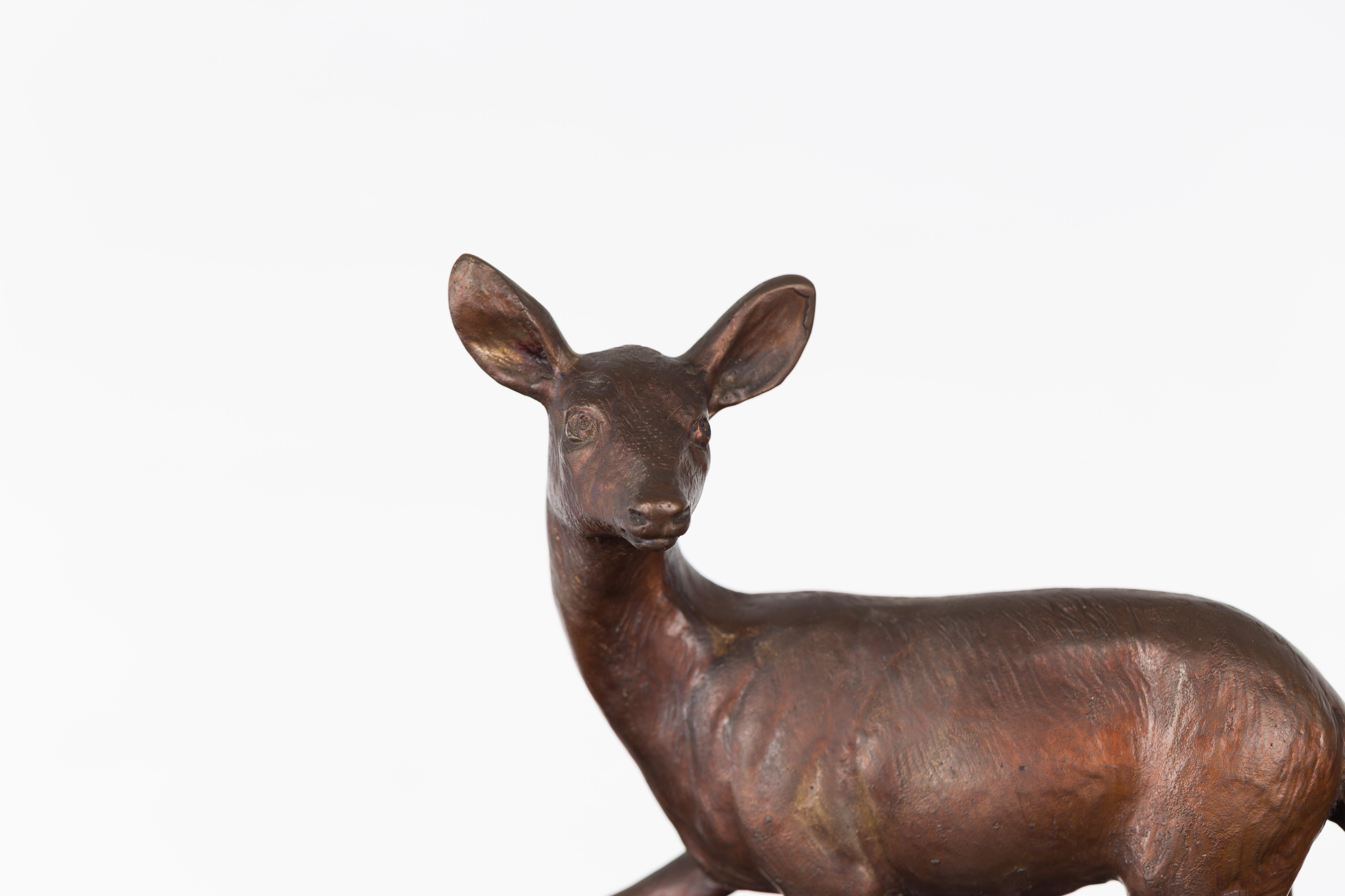 Vintage Lost Wax Cast Bronze Statuette of a Deer Mounted on Marble Base For Sale 1