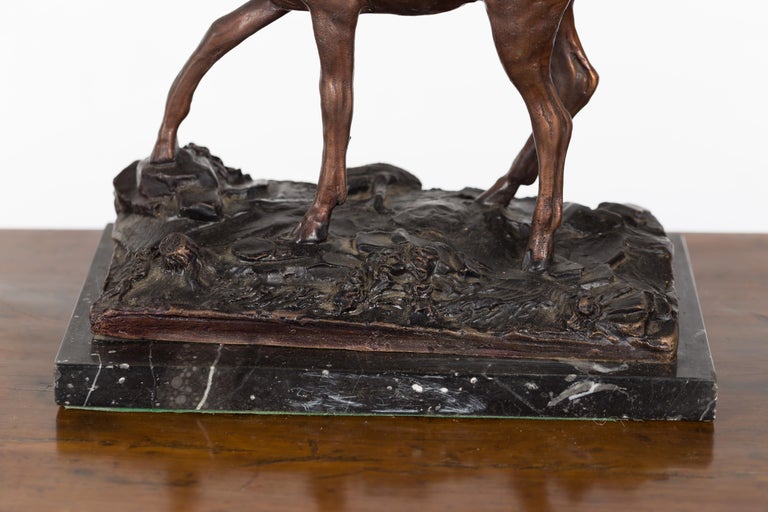 Vintage Lost Wax Cast Bronze Statuette of a Deer Mounted on Marble Base
